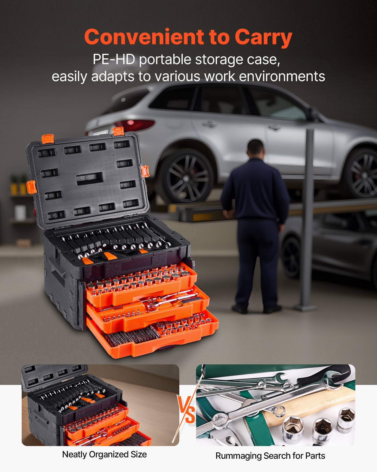 Mechanics Tool Set and Socket Set, 450 Pcs, 6.4, 9.5 and 12.7 mm Drive