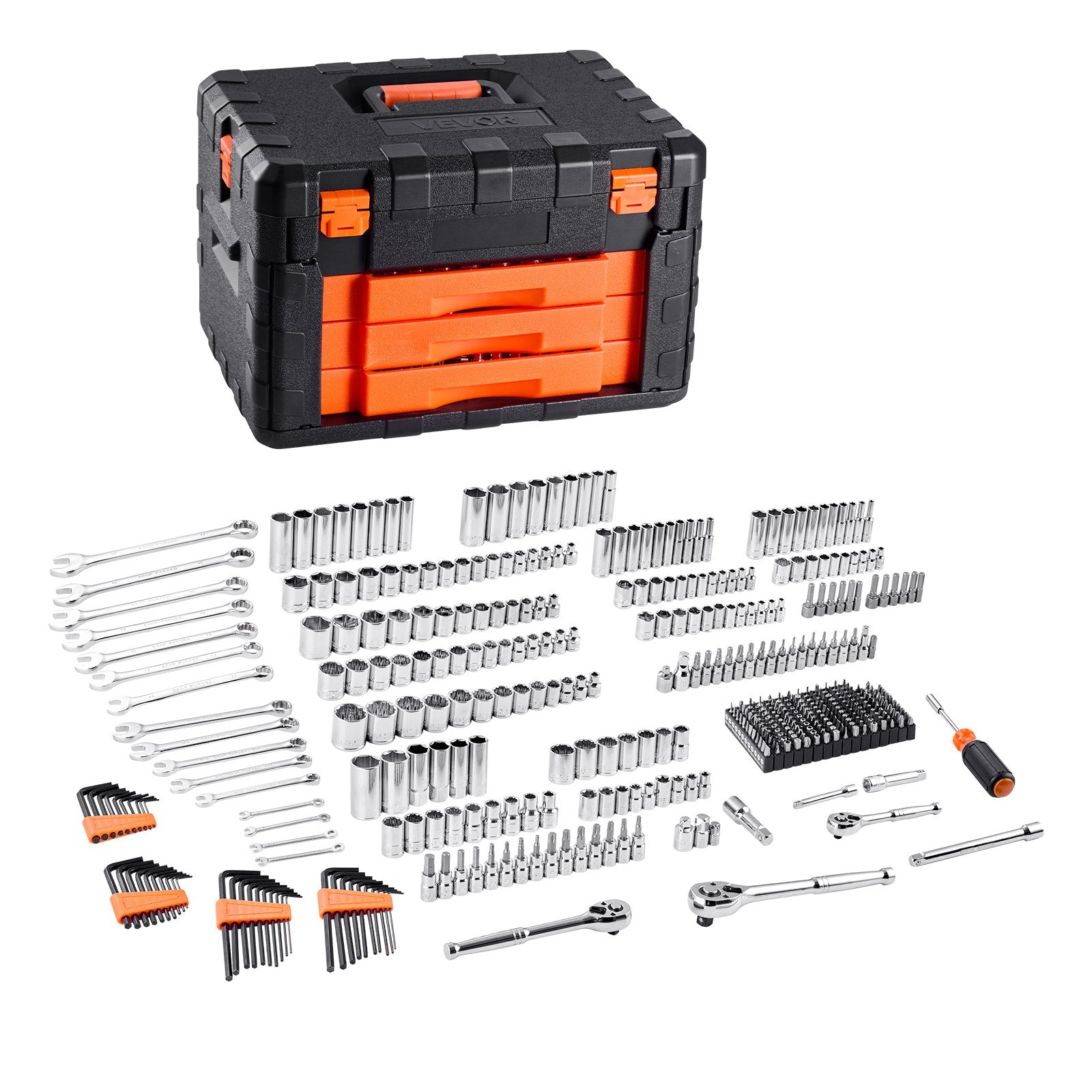 Mechanics Tool Set and Socket Set, 450 Pcs, 6.4, 9.5 and 12.7 mm Drive