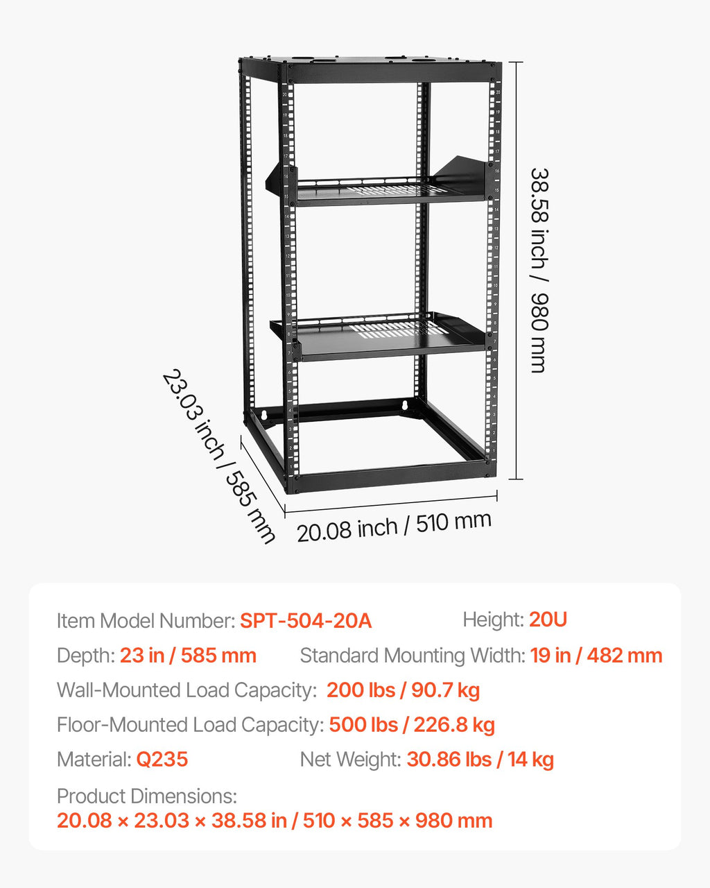 20U Open Frame Network Rack, 585 mm Depth, Wall Mounted or Floor