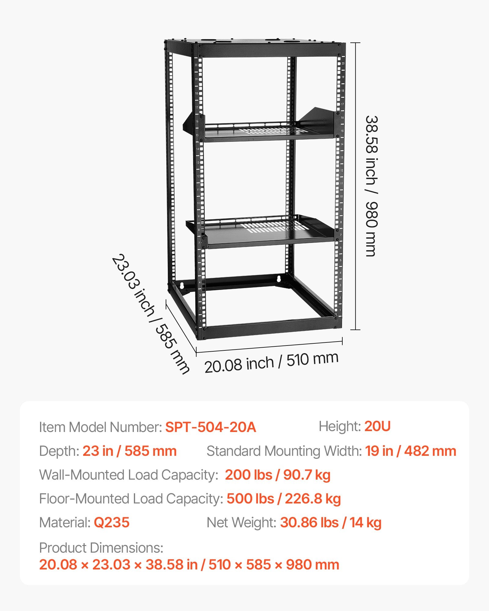 20U Open Frame Network Rack, 585 mm Depth, Wall Mounted or Floor
