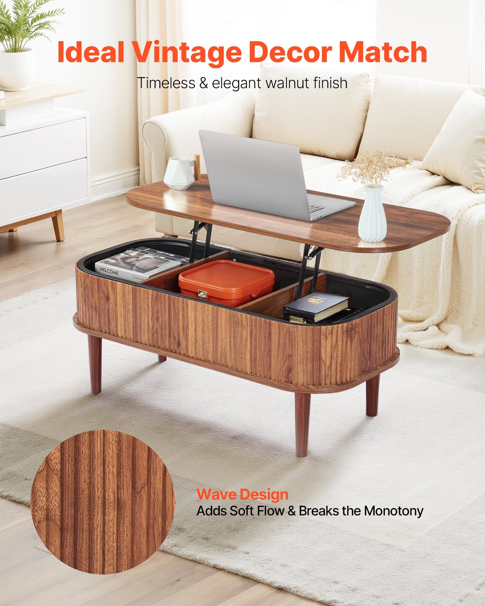 1000 mm Lift Top Coffee Table, Fluted Oval Coffee Table with 3 Hidden