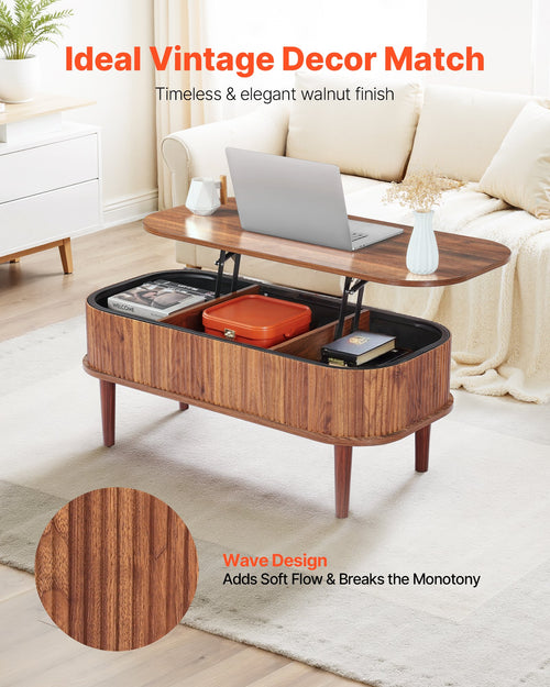 1000 mm Lift Top Coffee Table, Fluted Oval Coffee Table with 3 Hidden