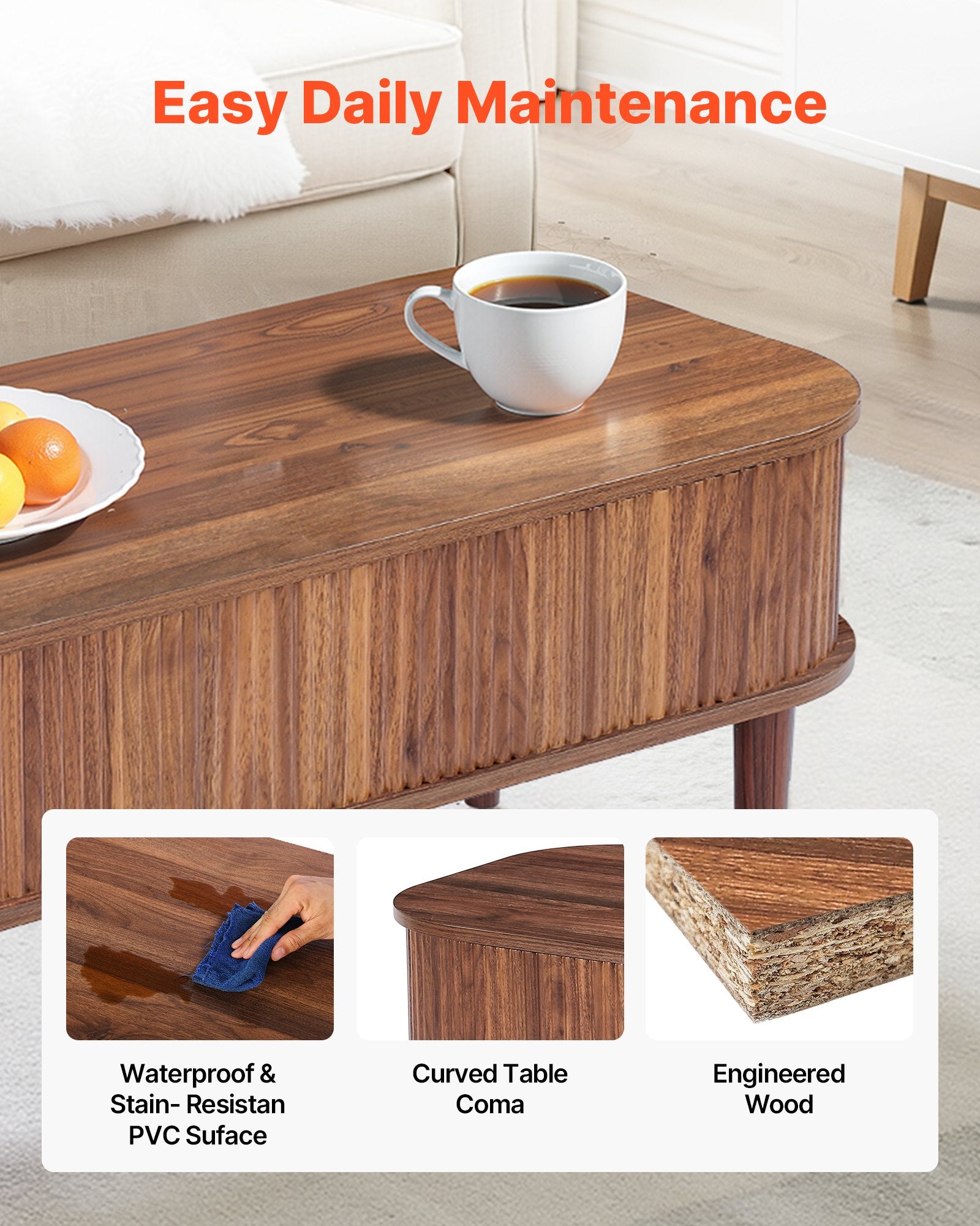 1000 mm Lift Top Coffee Table, Fluted Oval Coffee Table with 3 Hidden