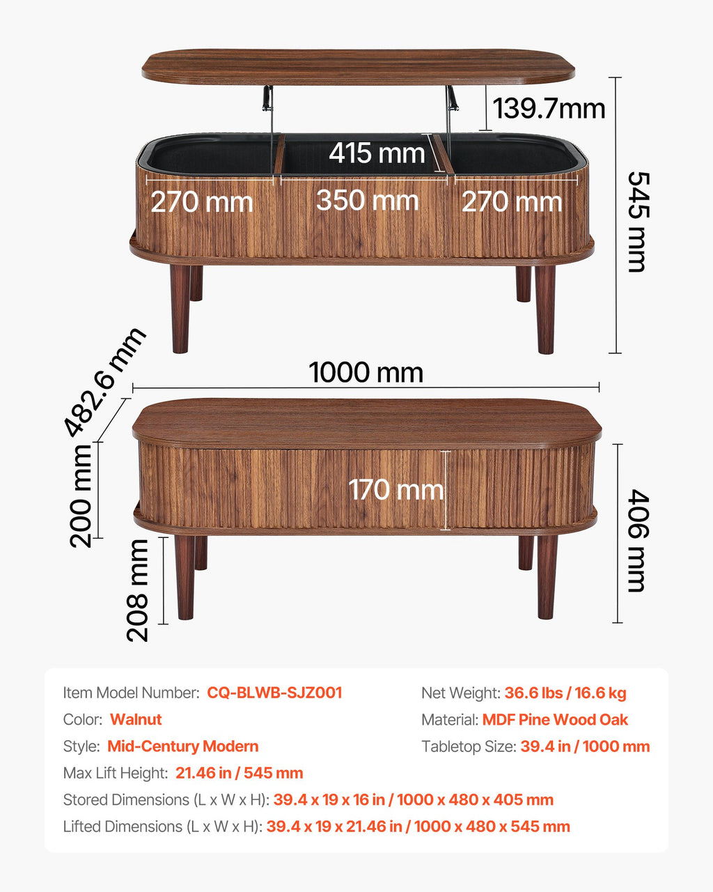 1000 mm Lift Top Coffee Table, Fluted Oval Coffee Table with 3 Hidden