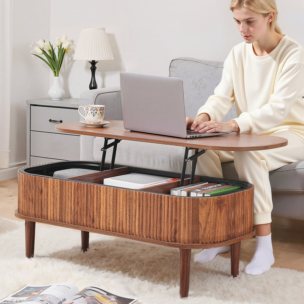 1000 mm Lift Top Coffee Table, Fluted Oval Coffee Table with 3 Hidden