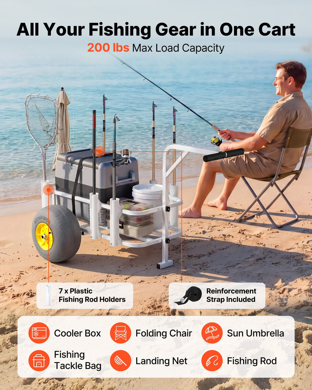 Beach Fishing Cart, 90.7 kg Load Capacity, Fishing Cart Wagon with