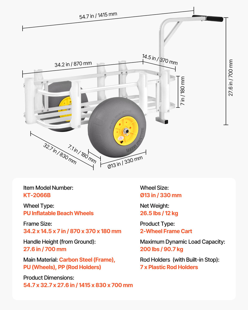 Beach Fishing Cart, 90.7 kg Load Capacity, Fishing Cart Wagon with