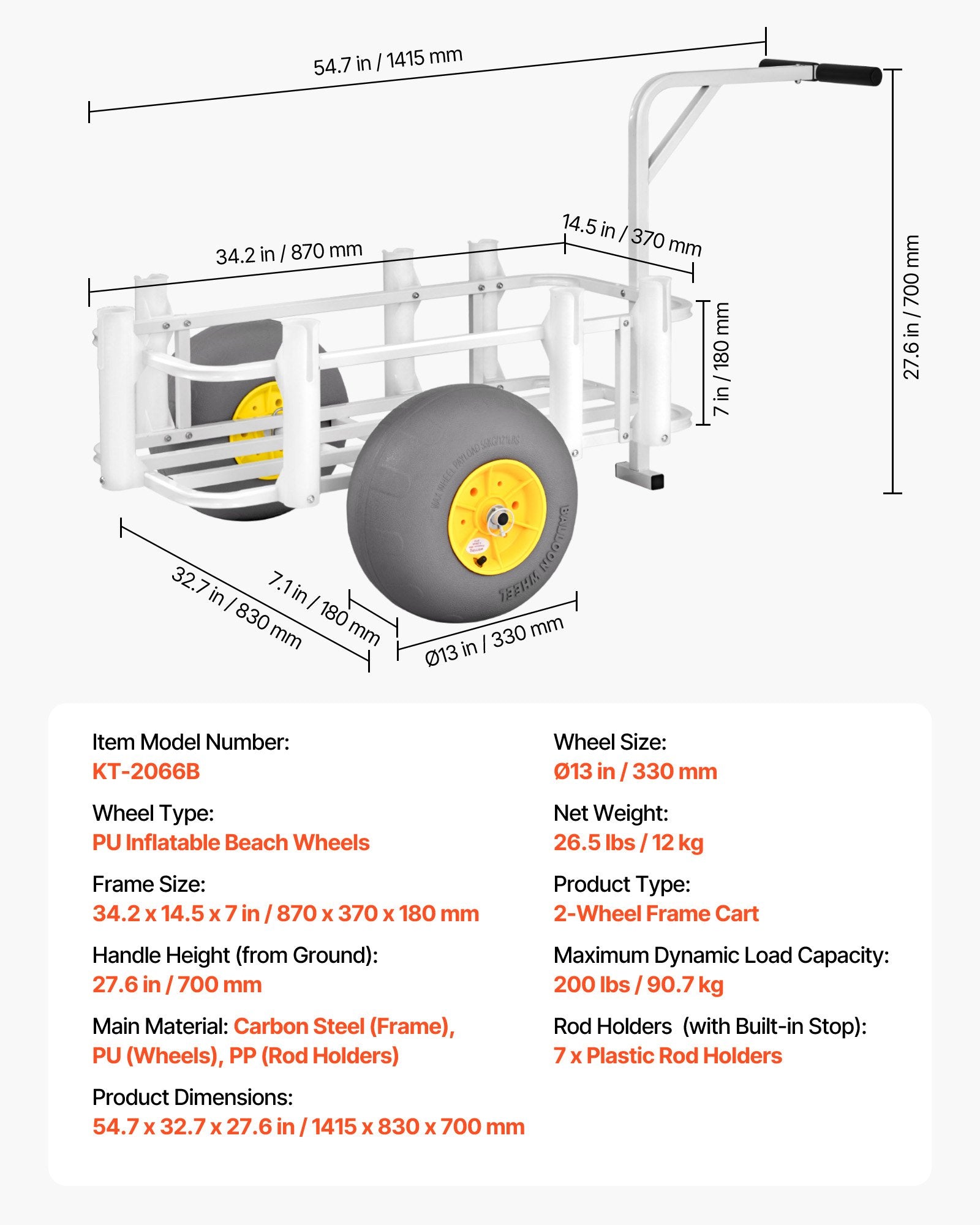 Beach Fishing Cart, 90.7 kg Load Capacity, Fishing Cart Wagon with