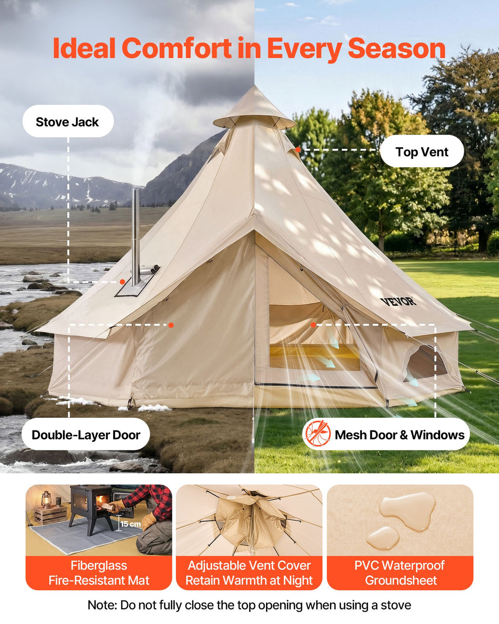 Oxford Bell Tent, 4 Seasons 4 m Yurt Tent for Camping with Stove Jack,