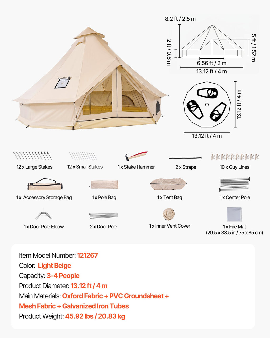 Oxford Bell Tent, 4 Seasons 4 m Yurt Tent for Camping with Stove Jack,
