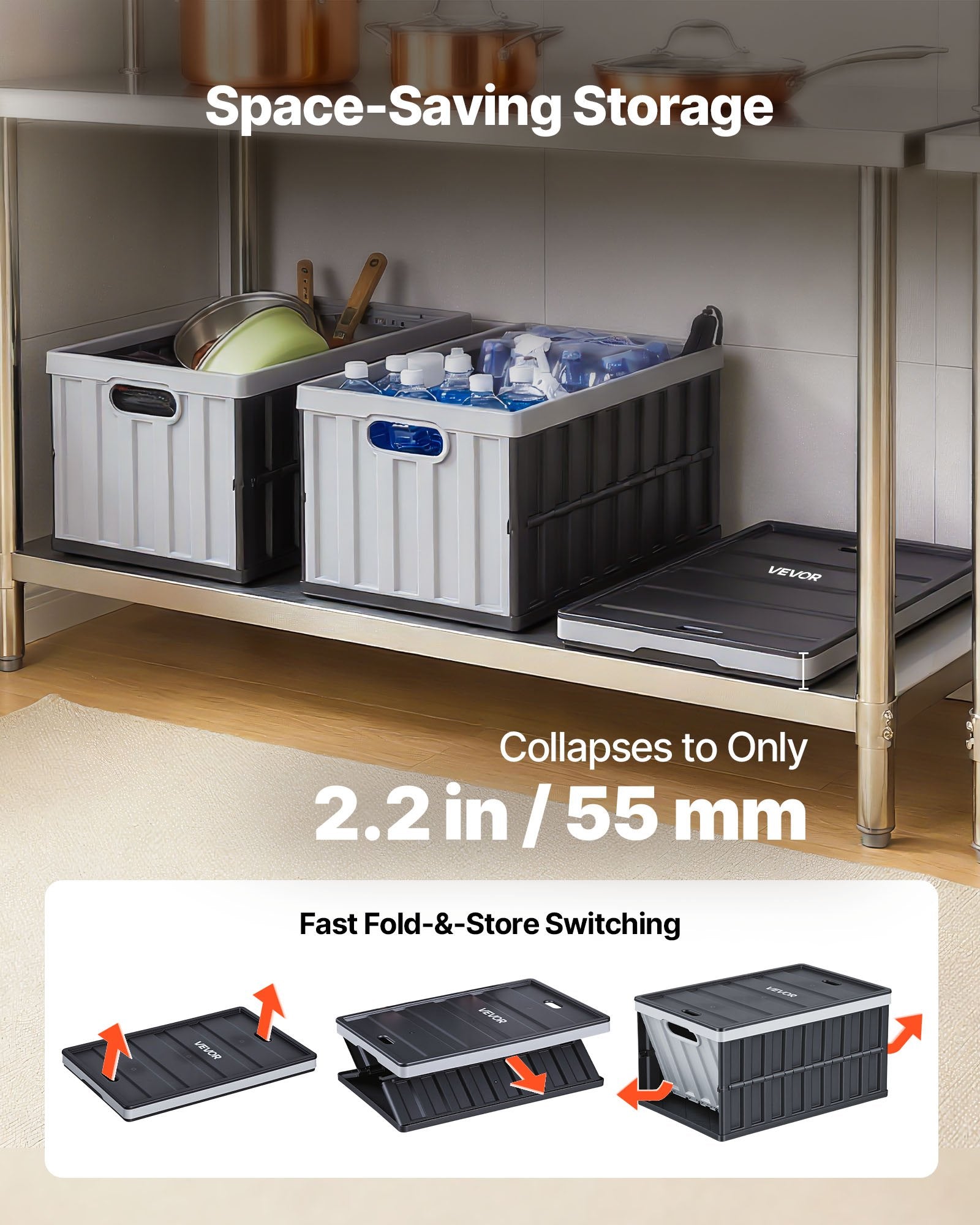 Plastic Collapsible Storage Bins with Lids, 65L 2 Packs, Stackable