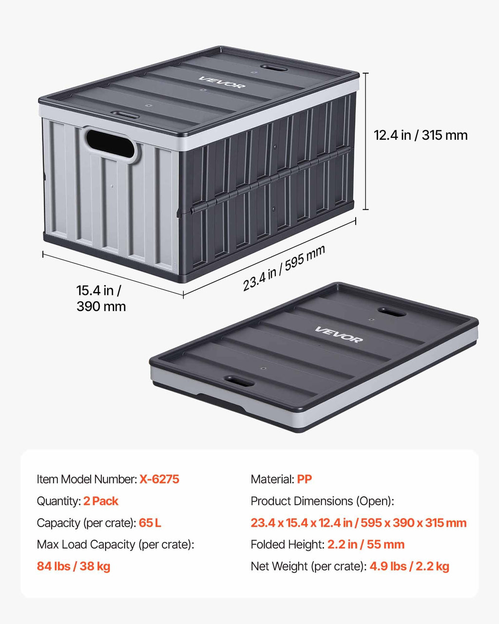 Plastic Collapsible Storage Bins with Lids, 65L 2 Packs, Stackable