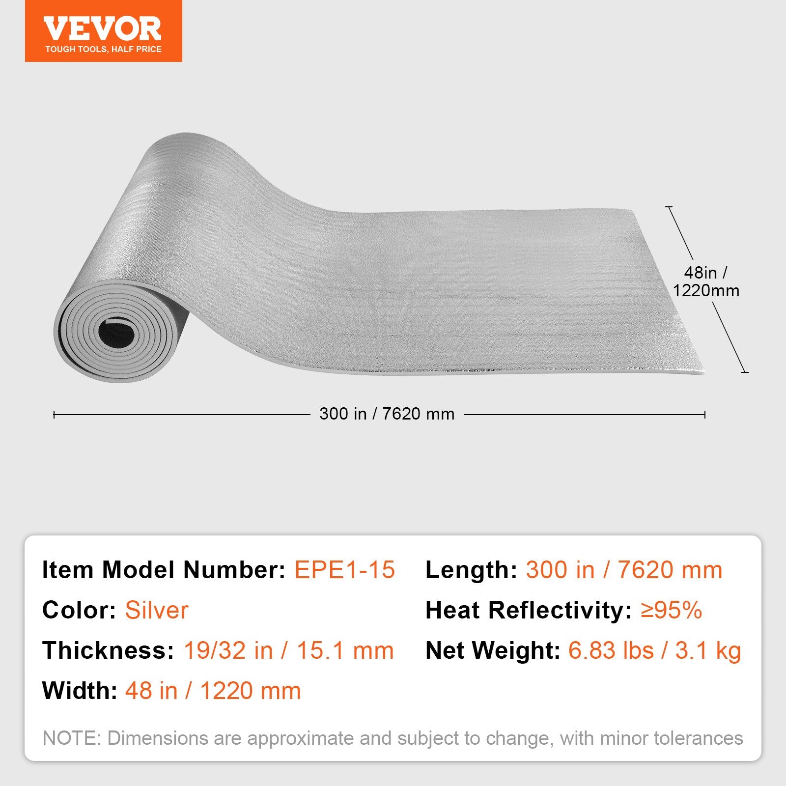 Double Reflective Insulation Roll, Foam Core Radiant Barrier, 15.1mm