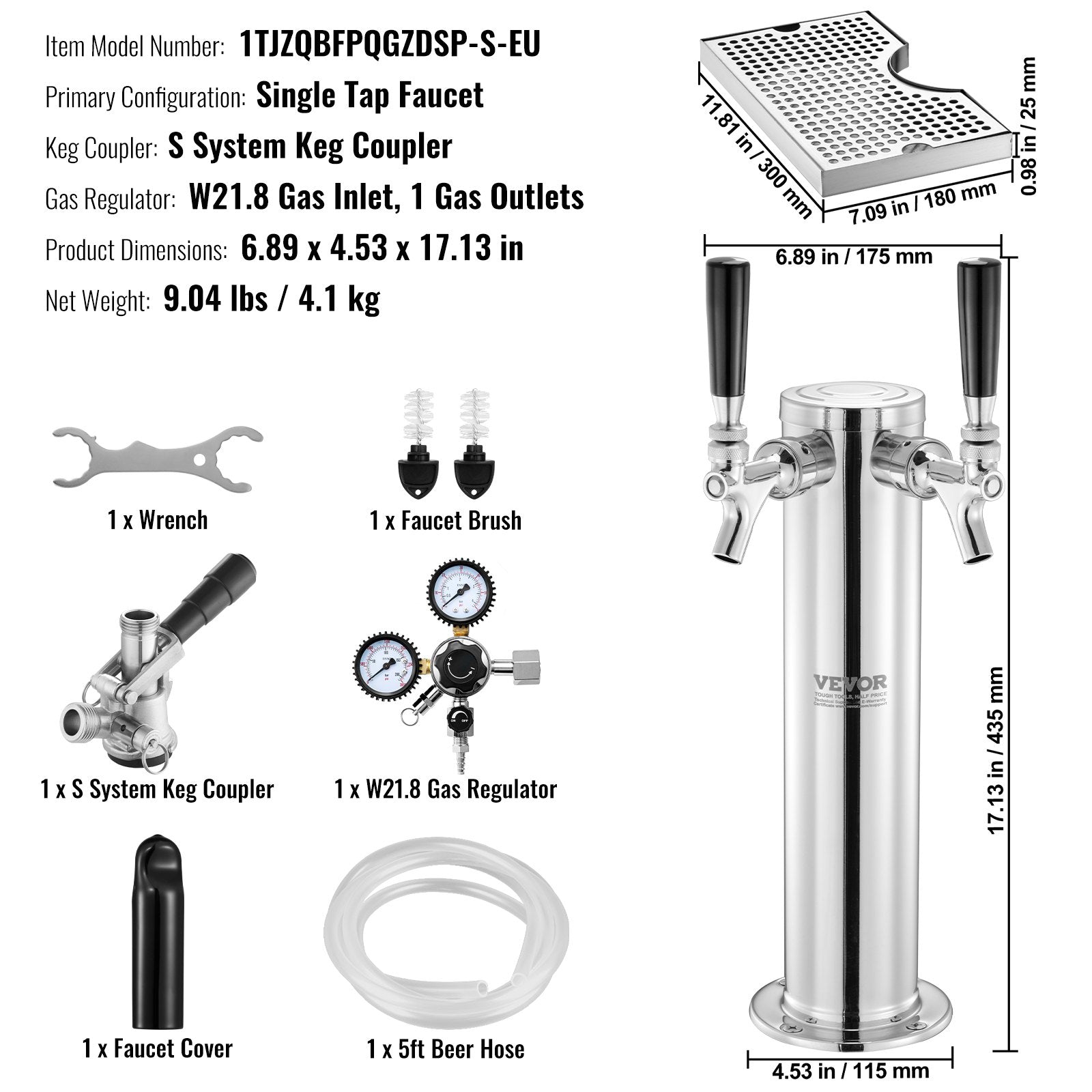 Kegerator Tower Kit, Single Tap Beer Conversion Kit, Stainless Steel