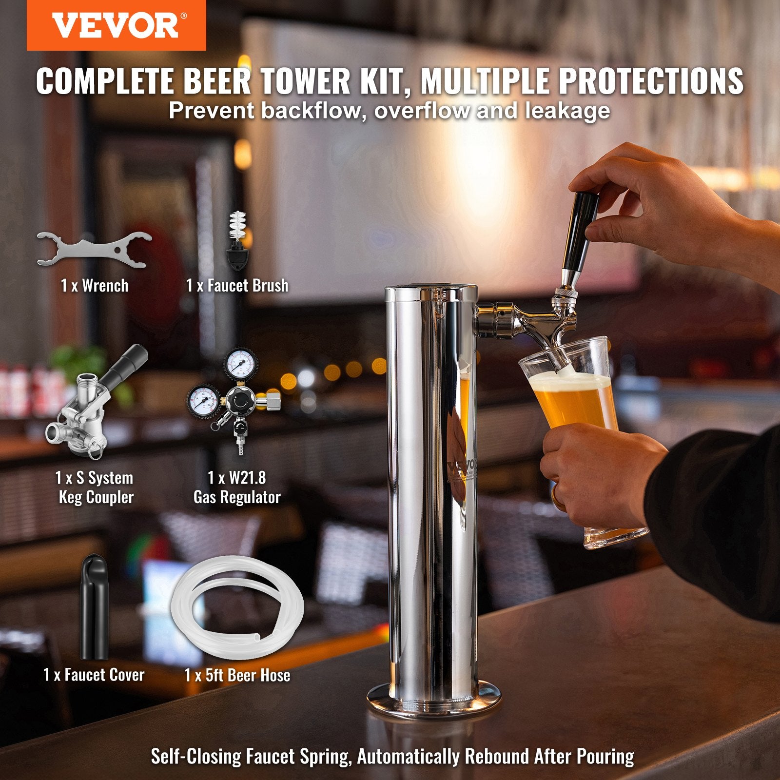 Kegerator Tower Kit, Single Tap Beer Conversion Kit, Stainless Steel