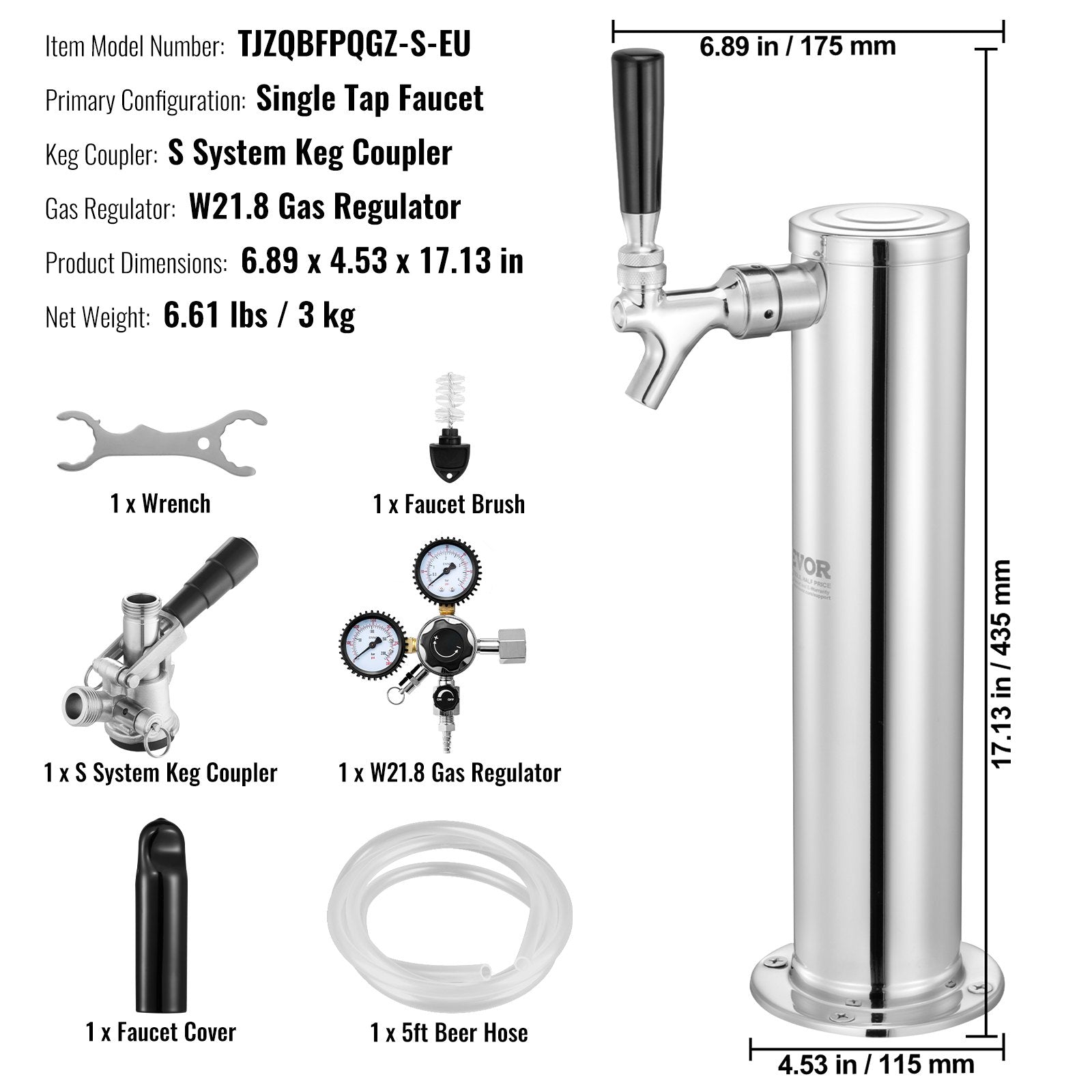 Kegerator Tower Kit, Single Tap Beer Conversion Kit, Stainless Steel
