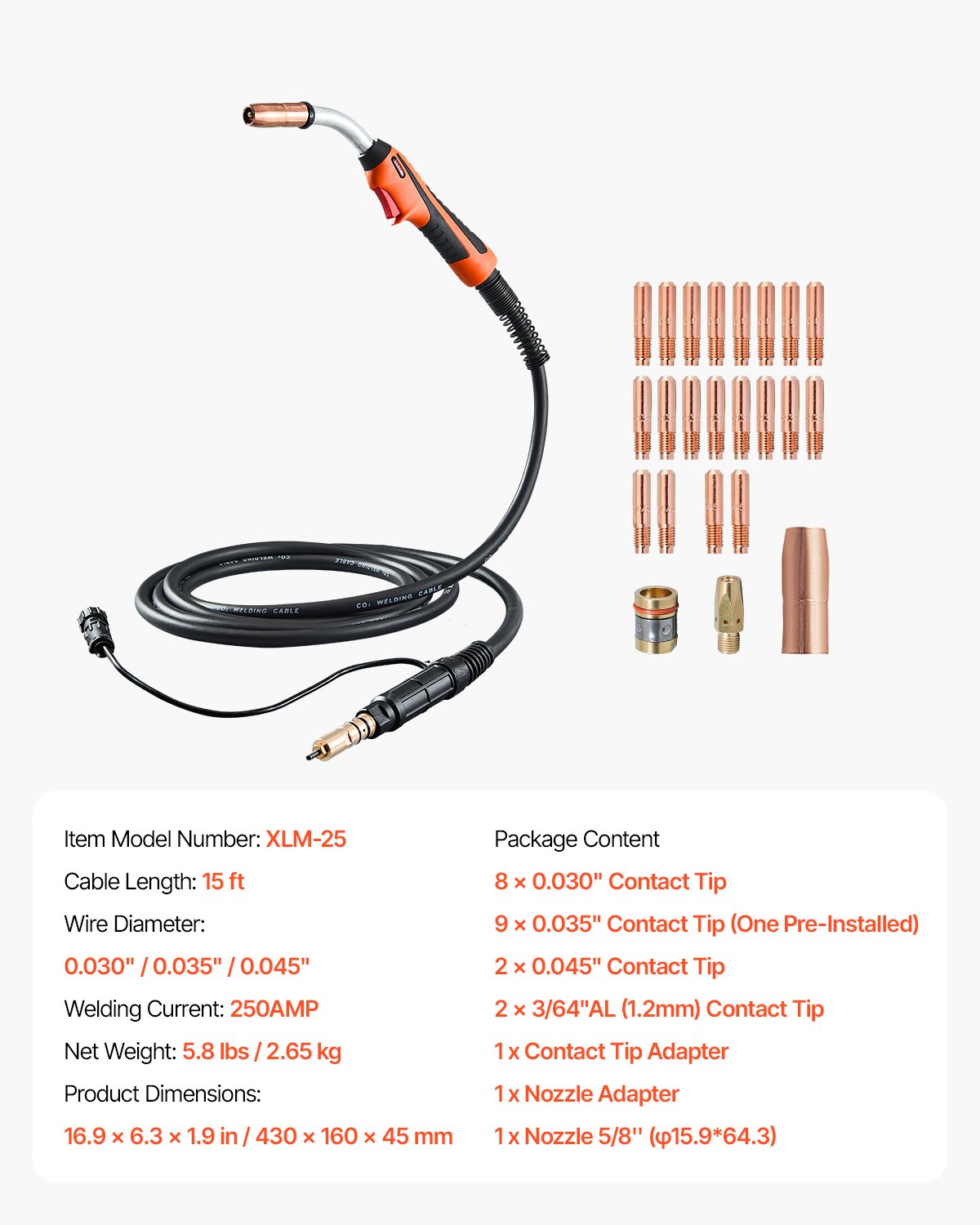 250Amp Mig Welding Gun with 15FT Cable, Compatible with Millermatic