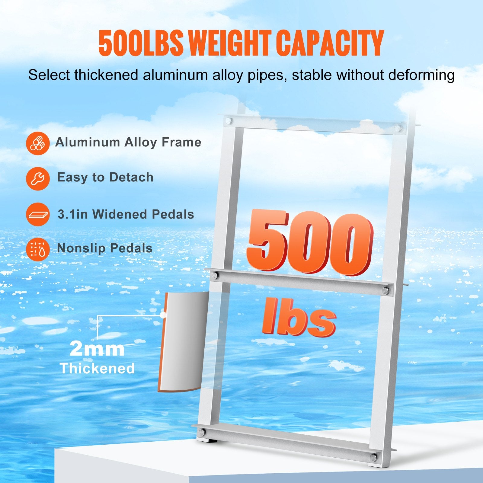 Dock Ladder, Removable 4 Steps, 500 lbs Load Capacity, Aluminum Alloy