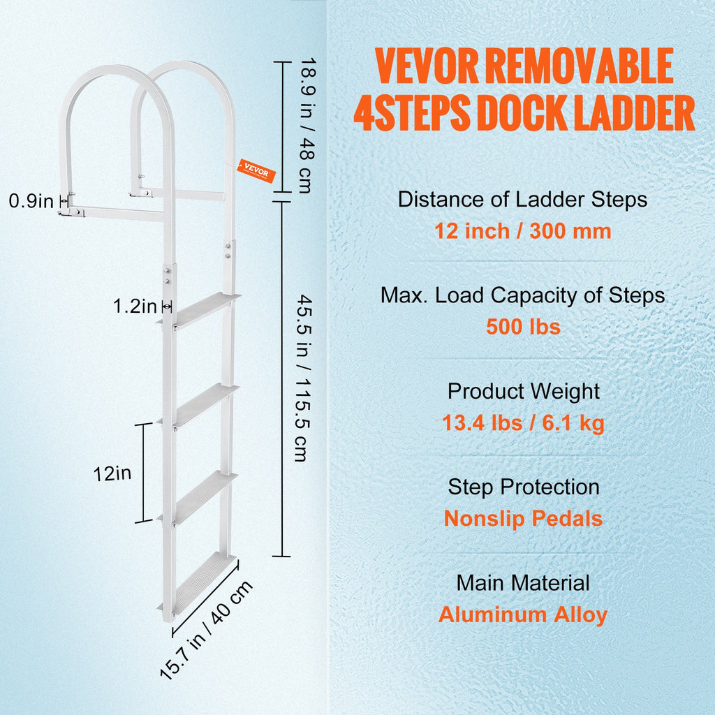 Dock Ladder, Removable 4 Steps, 500 lbs Load Capacity, Aluminum Alloy