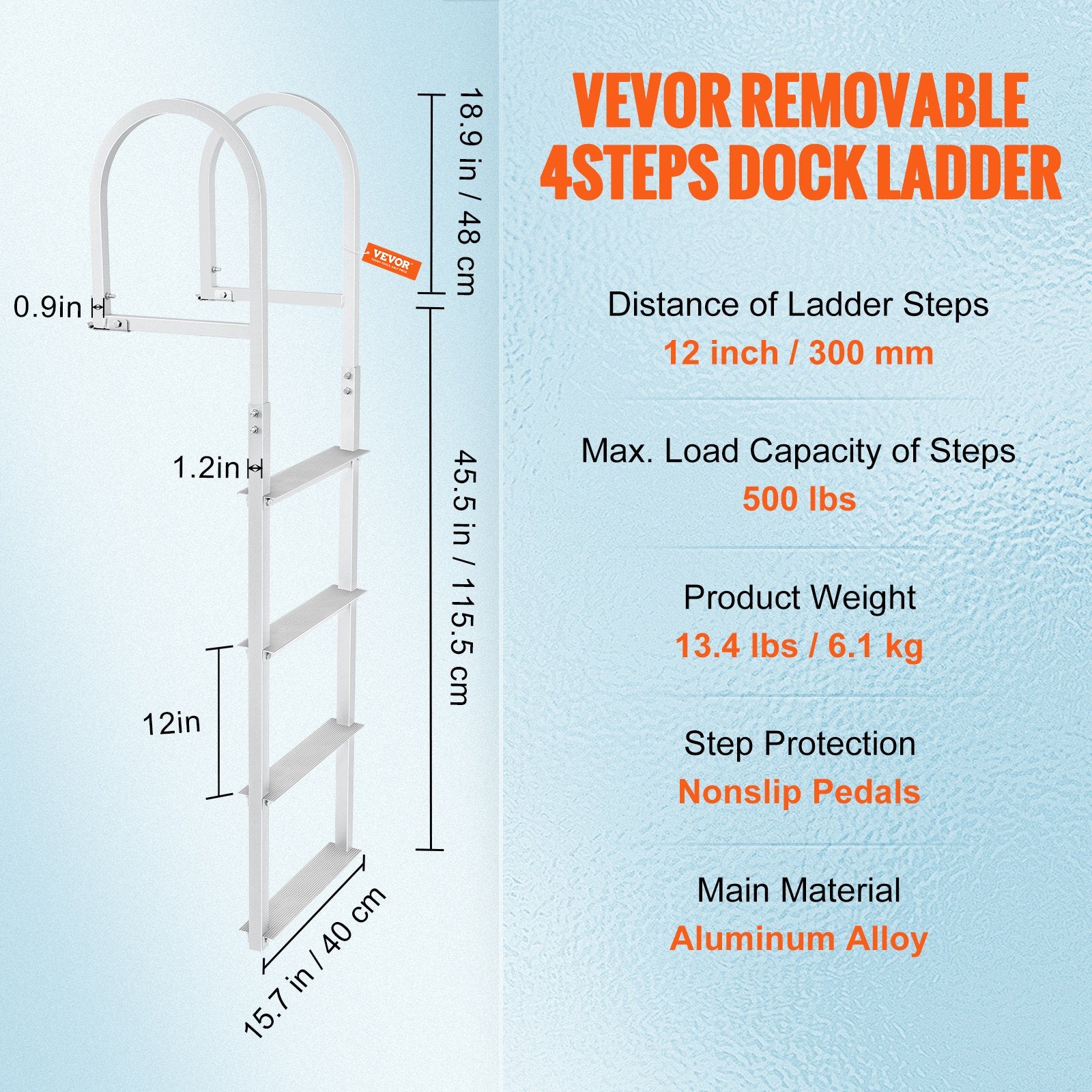 Dock Ladder, Removable 4 Steps, 500 lbs Load Capacity, Aluminum Alloy