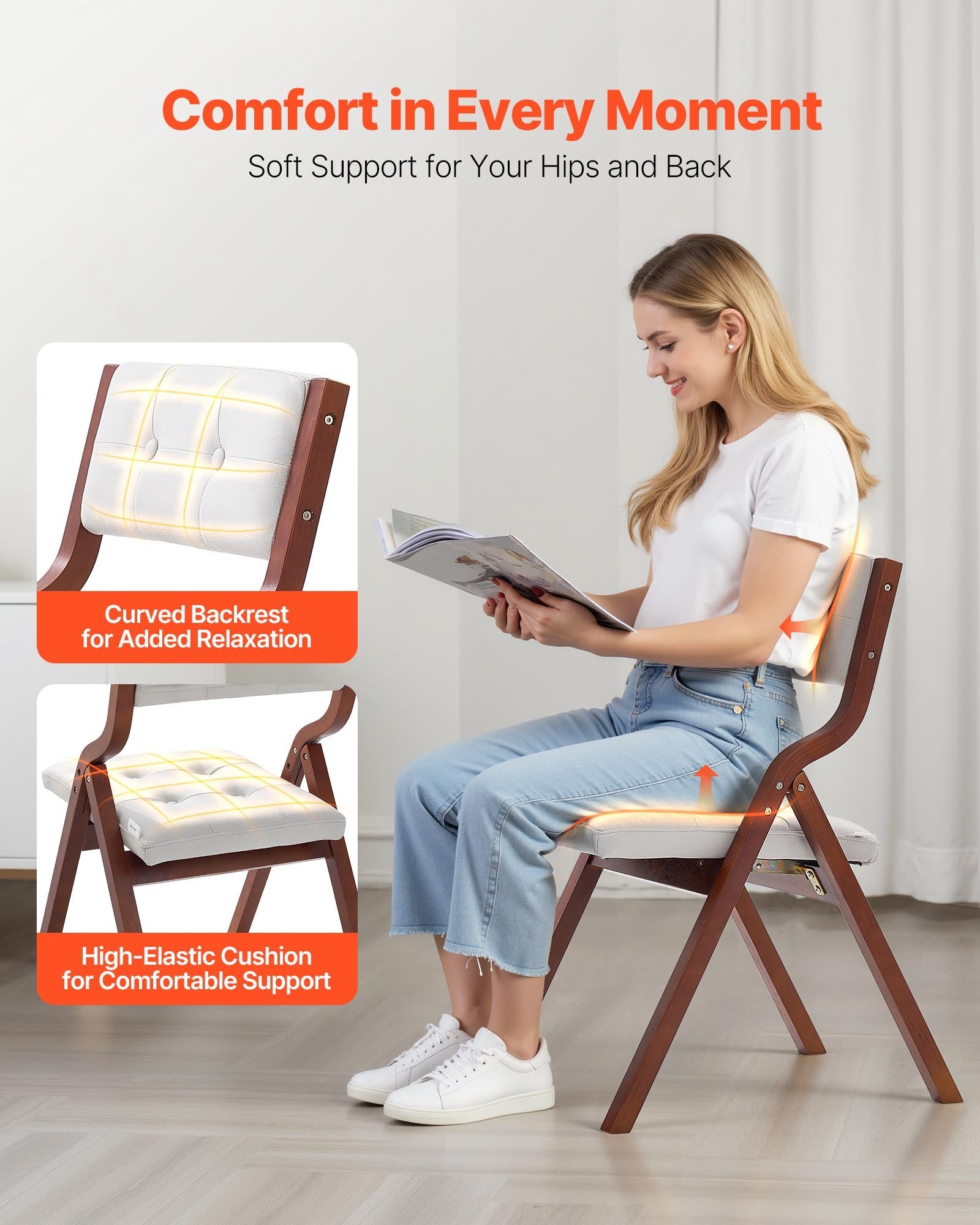 Wooden Folding Chairs with Cushion, Set of 4, Portable Foldable