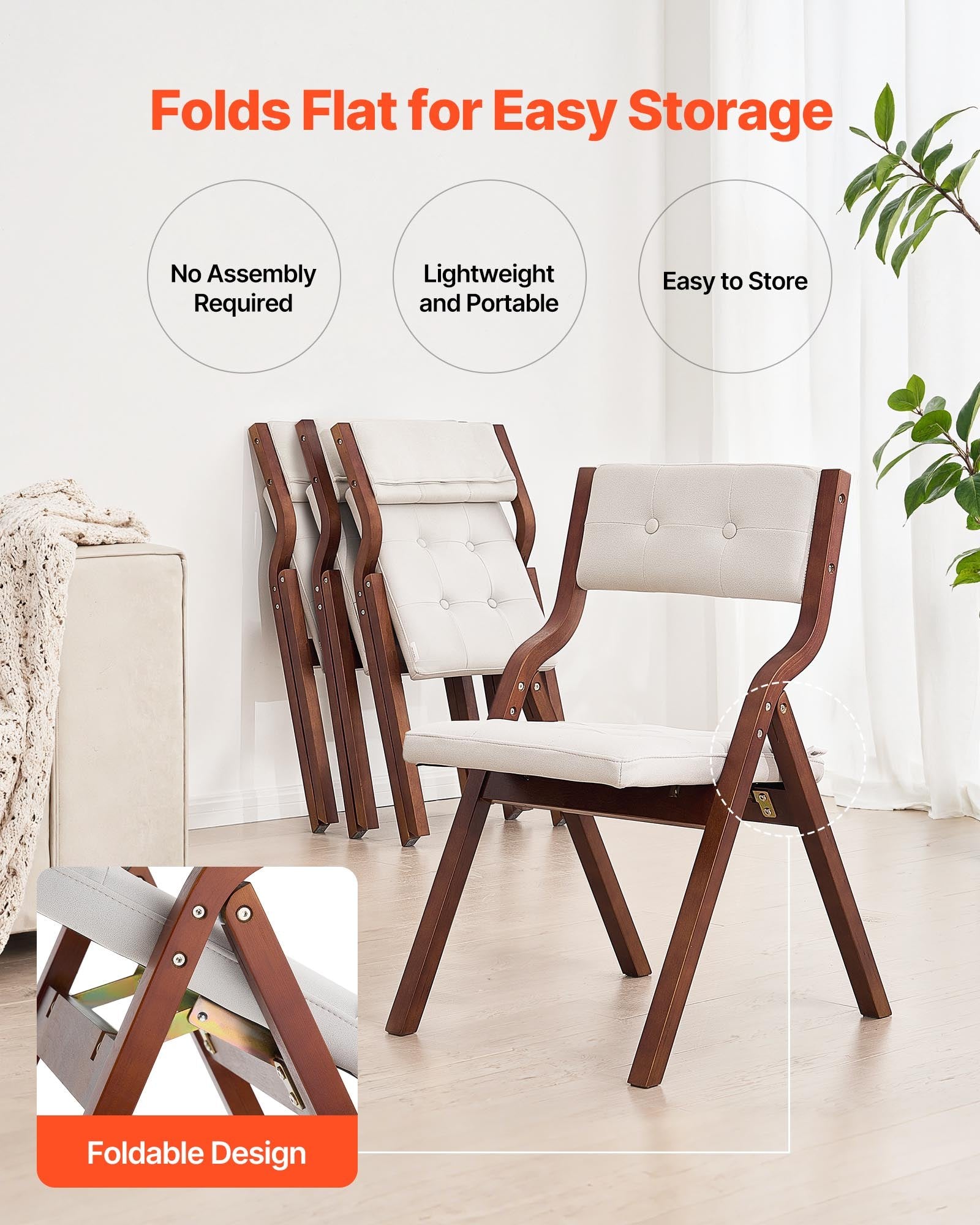 Wooden Folding Chairs with Cushion, Set of 4, Portable Foldable