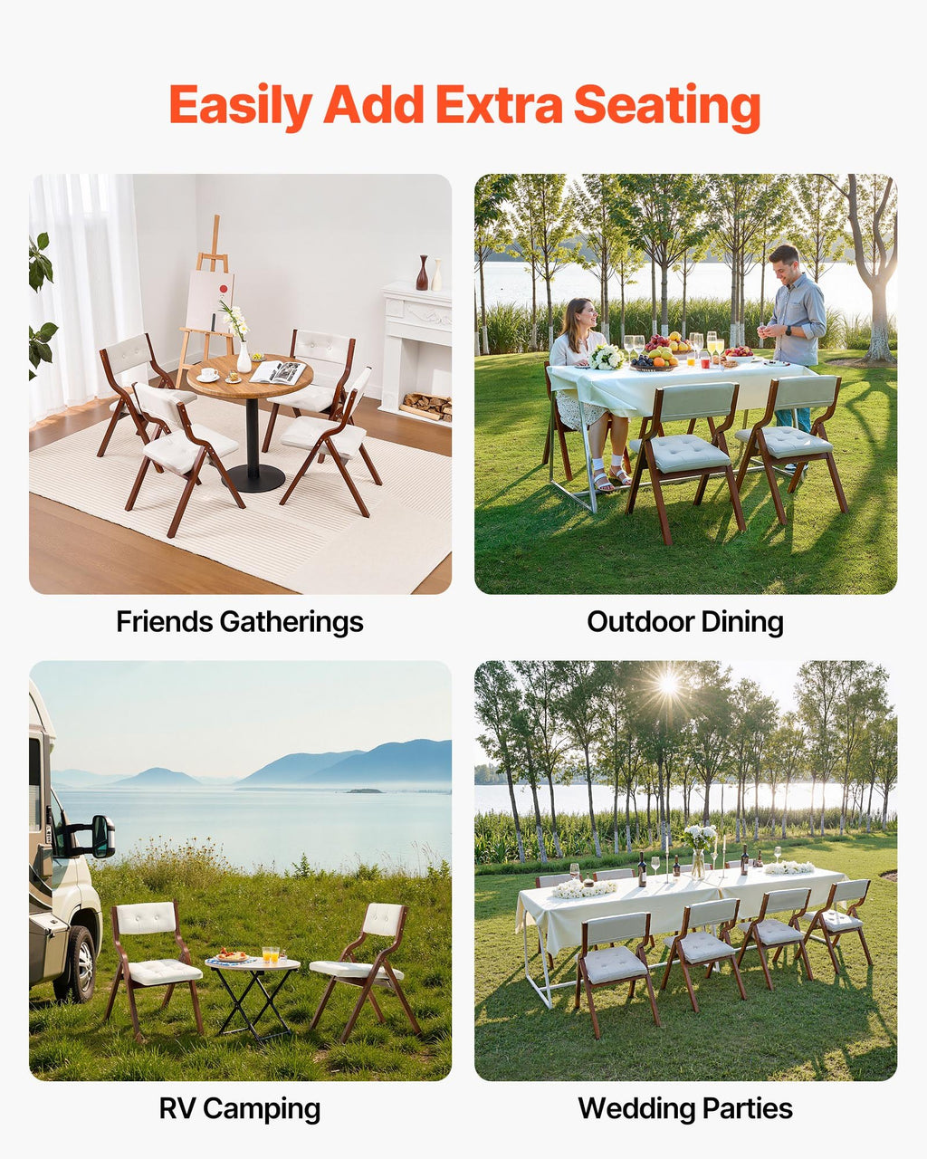 Wooden Folding Chairs with Cushion, Set of 4, Portable Foldable