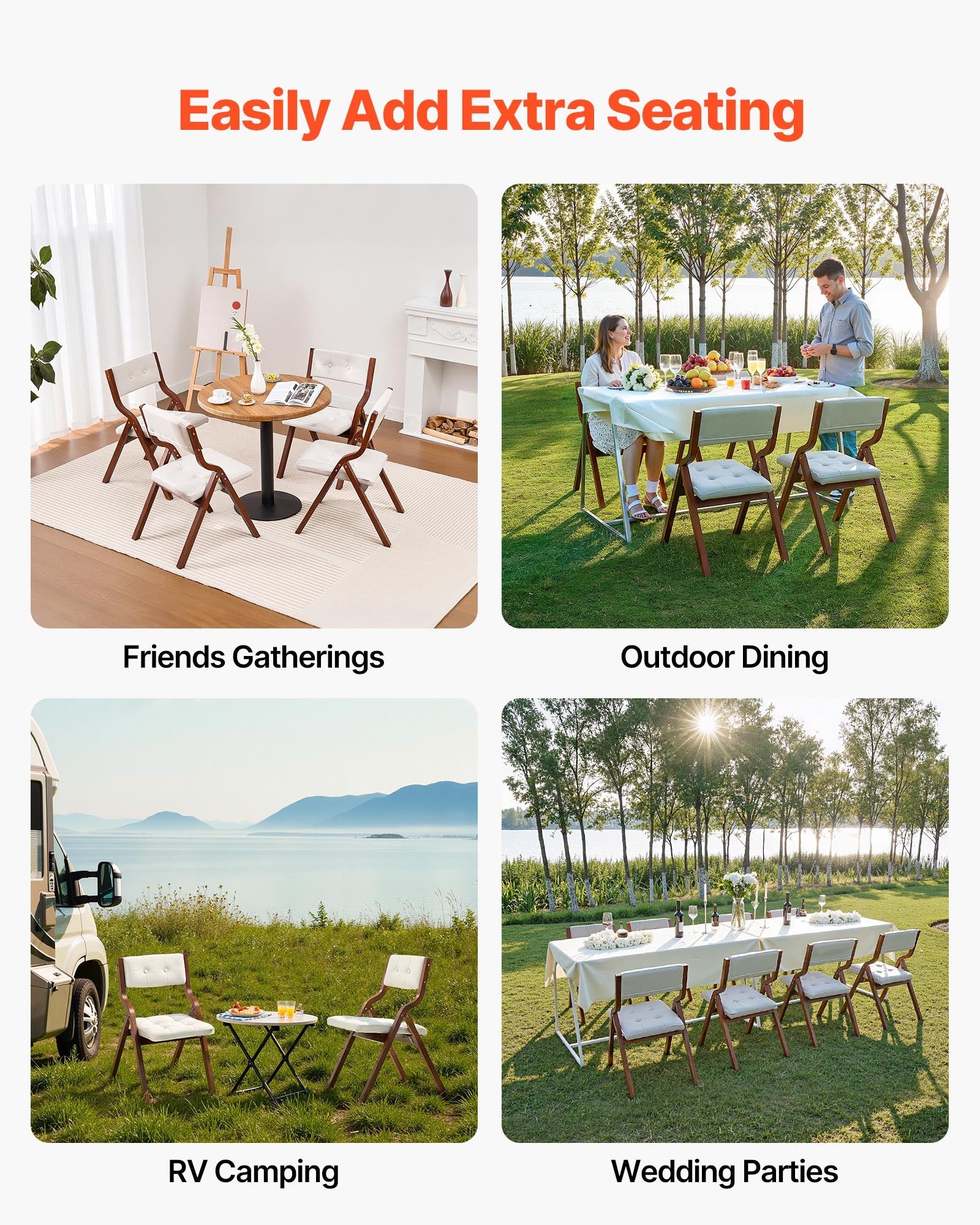 Wooden Folding Chairs with Cushion, Set of 4, Portable Foldable
