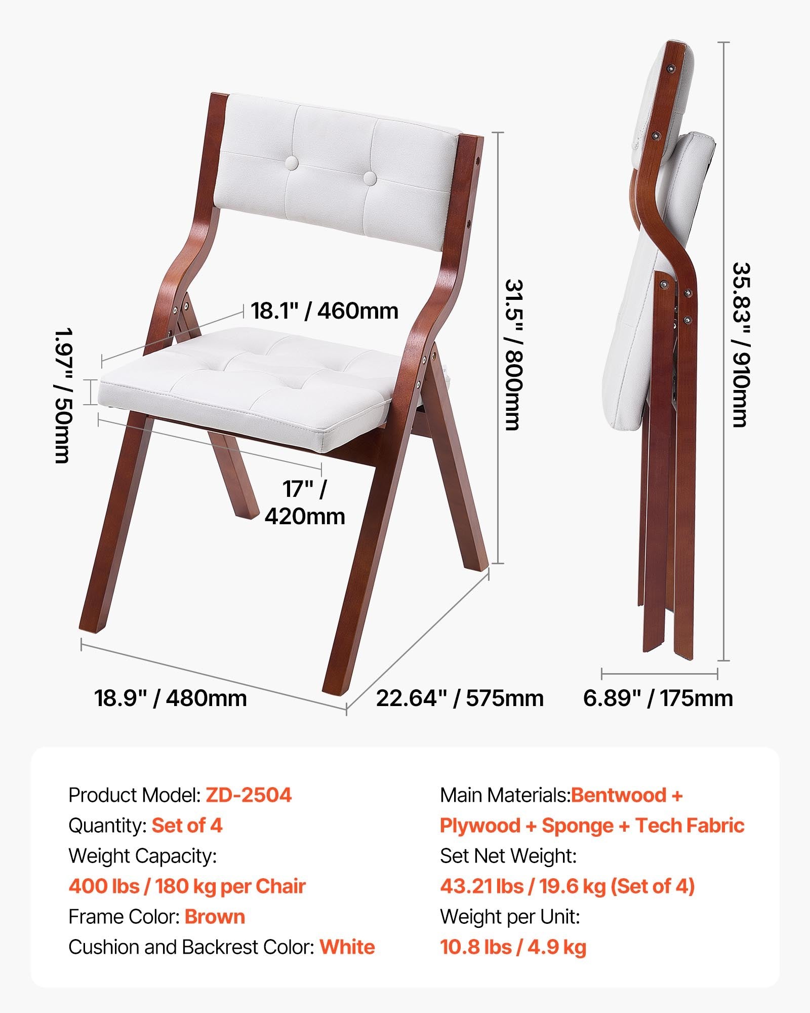 Wooden Folding Chairs with Cushion, Set of 4, Portable Foldable