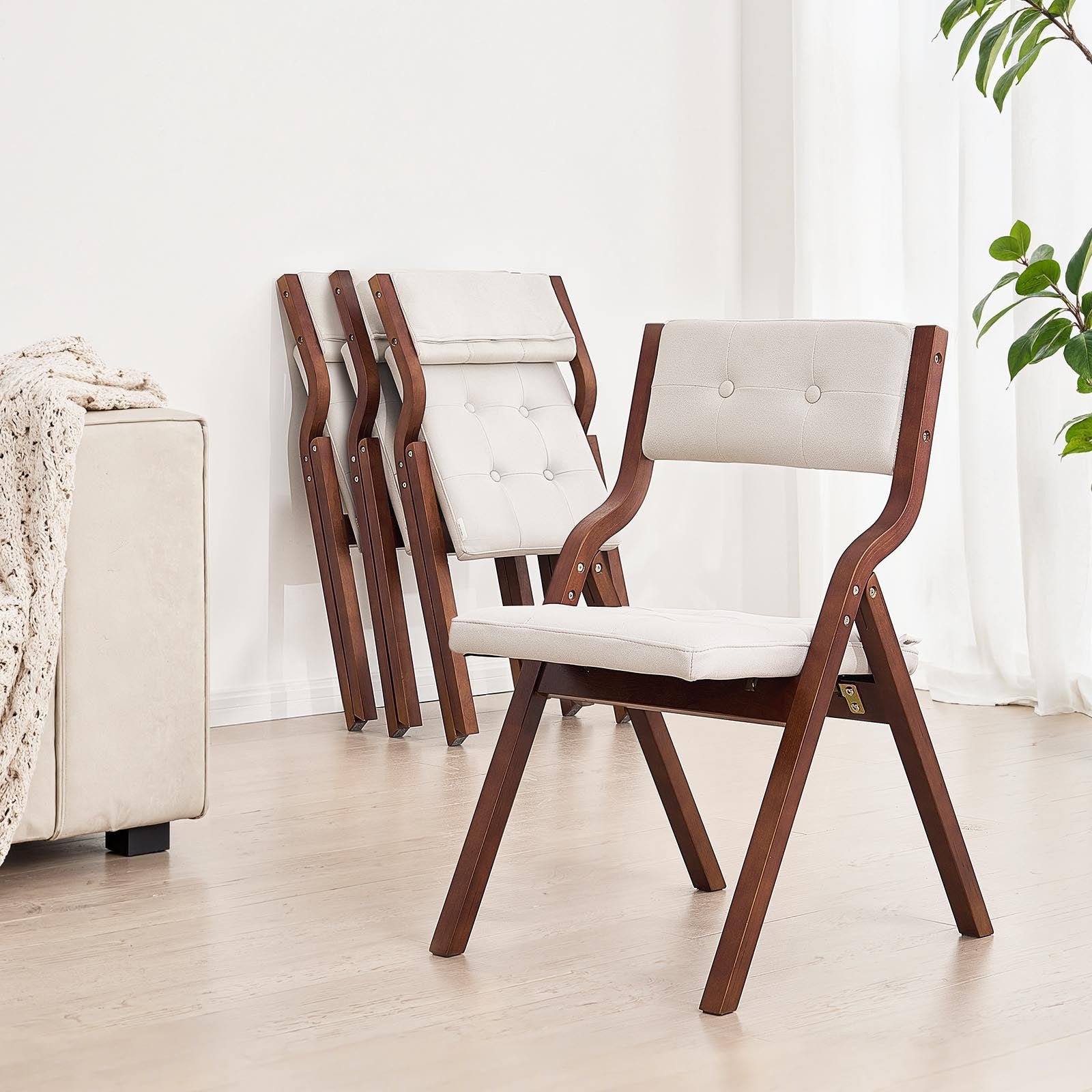 Wooden Folding Chairs with Cushion, Set of 4, Portable Foldable