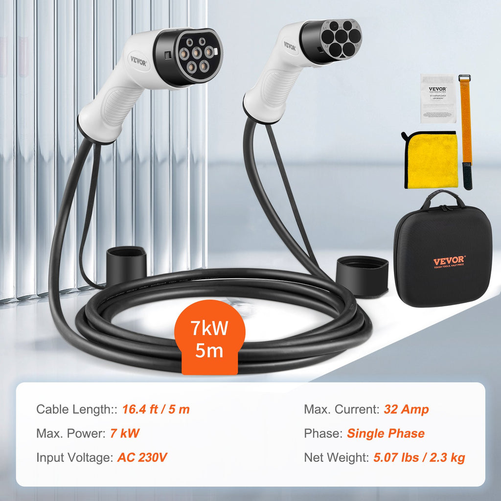 Type 2 to Type 2 EV Charging Cable, 32Amp, 7kW 5 Meters Single Phase