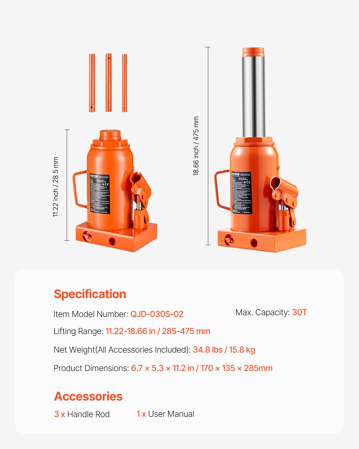 Hydraulic Bottle Jack, 30 Ton/66138 lbs Welded Bottle Jack with