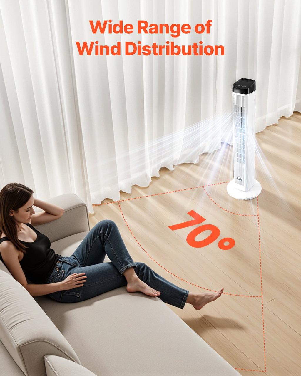 Tower Fan, 22 ft/s Velocity Quiet Floor Fan, 70° Oscillating Fans for