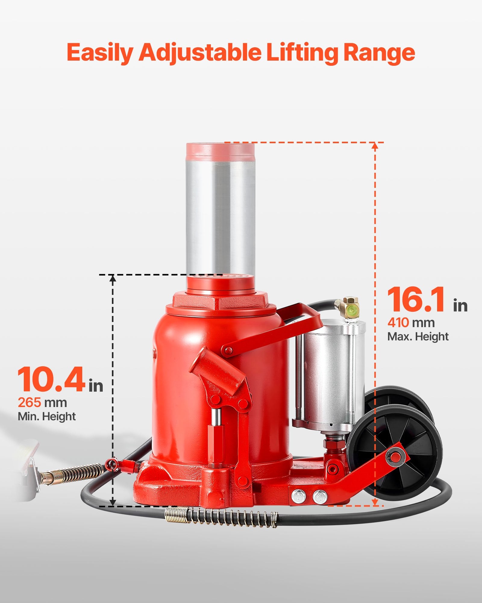 Air Hydraulic Bottle Jack, 50 Ton (110231.5 lbs) Capacity, 265-410 mm
