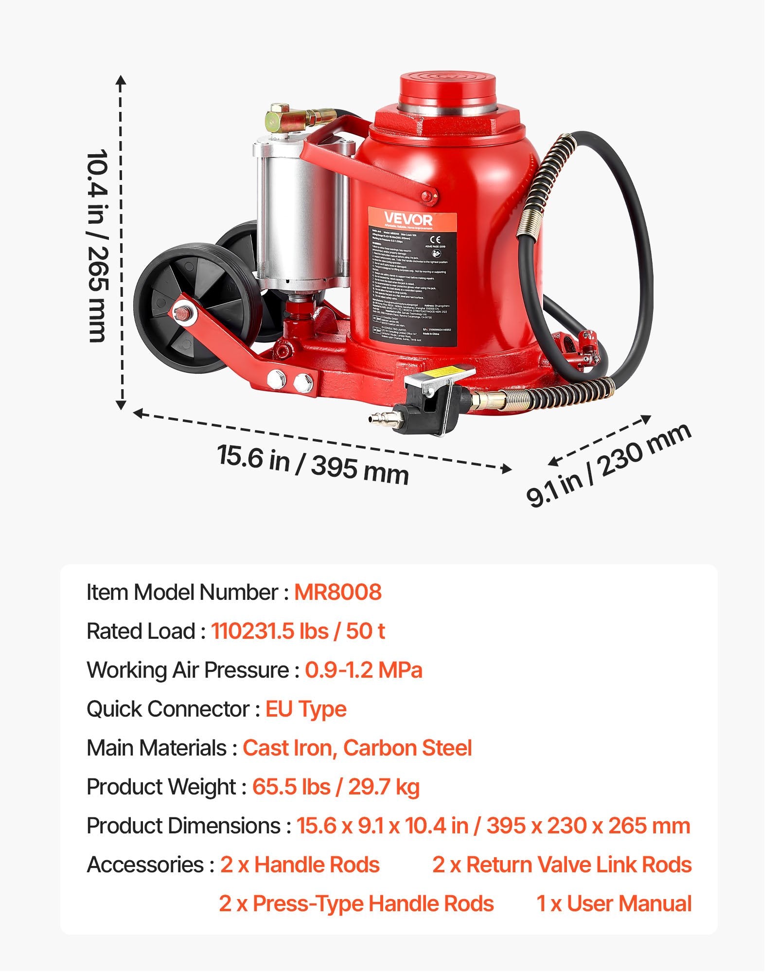 Air Hydraulic Bottle Jack, 50 Ton (110231.5 lbs) Capacity, 265-410 mm
