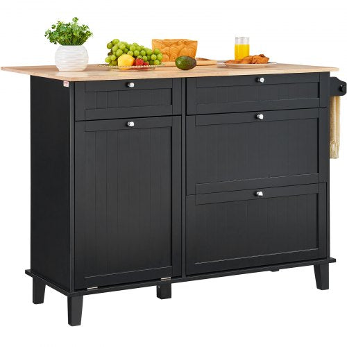 Kitchen Island Cart, 50in Wood Top Breakfast Bar with Trash Cabinet