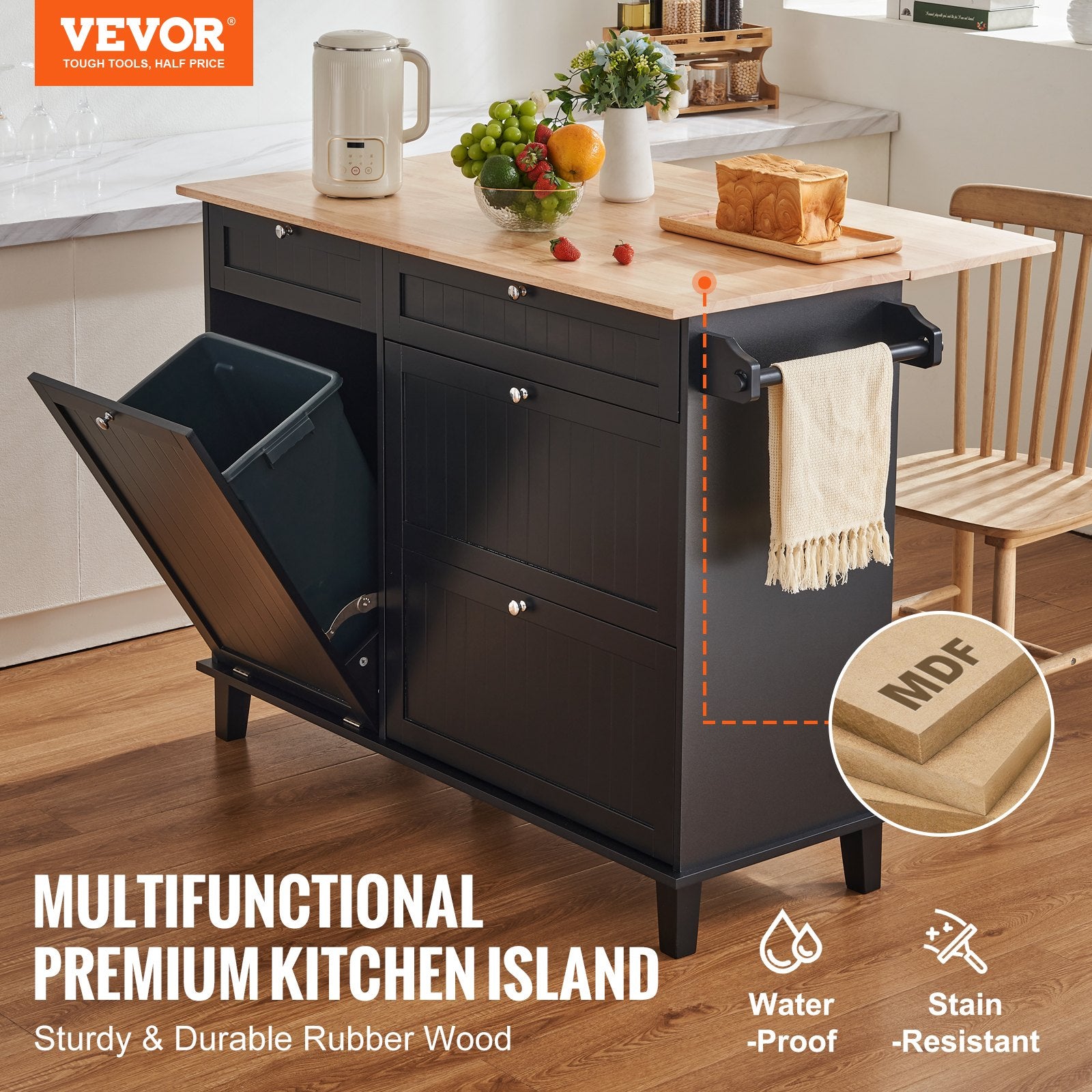 Kitchen Island Cart, 50in Wood Top Breakfast Bar with Trash Cabinet