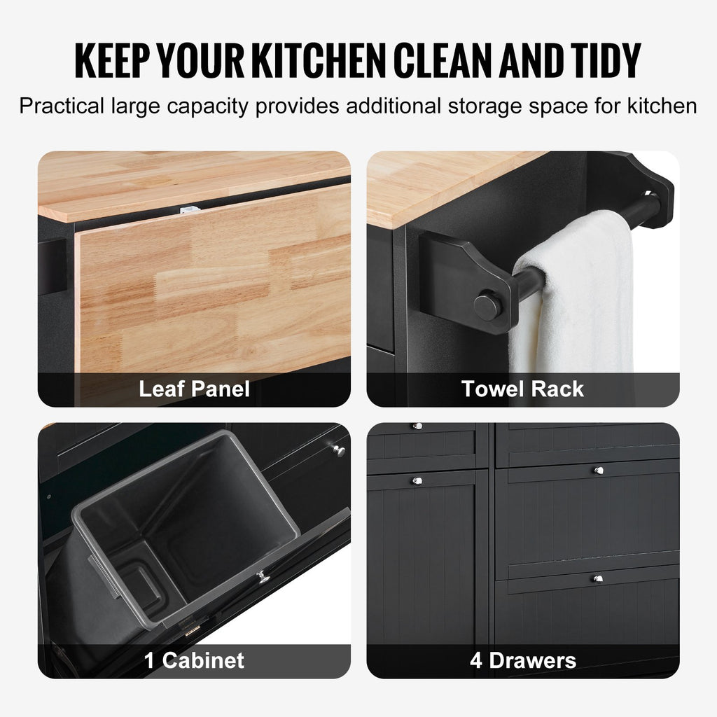 Kitchen Island Cart, 50in Wood Top Breakfast Bar with Trash Cabinet