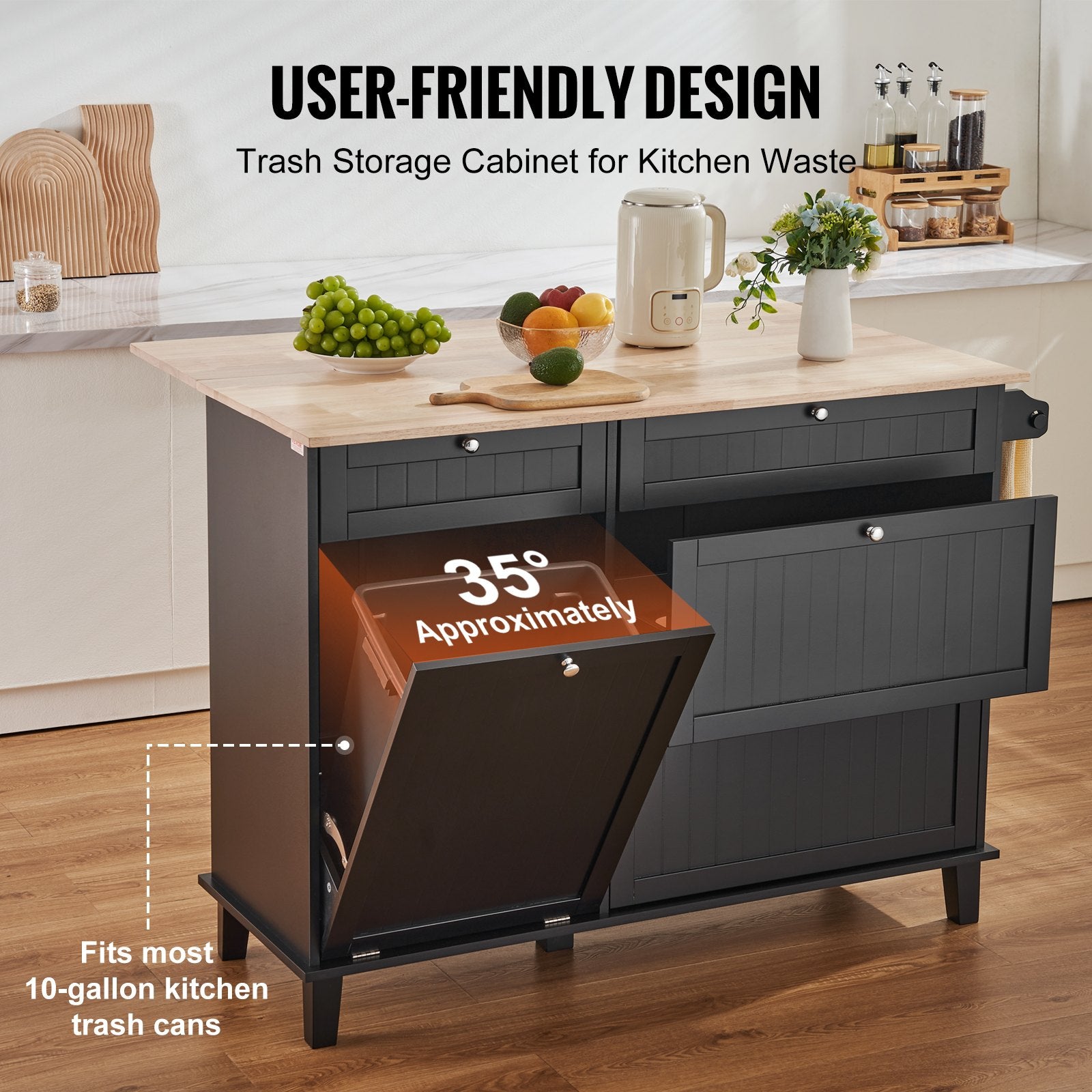 Kitchen Island Cart, 50in Wood Top Breakfast Bar with Trash Cabinet