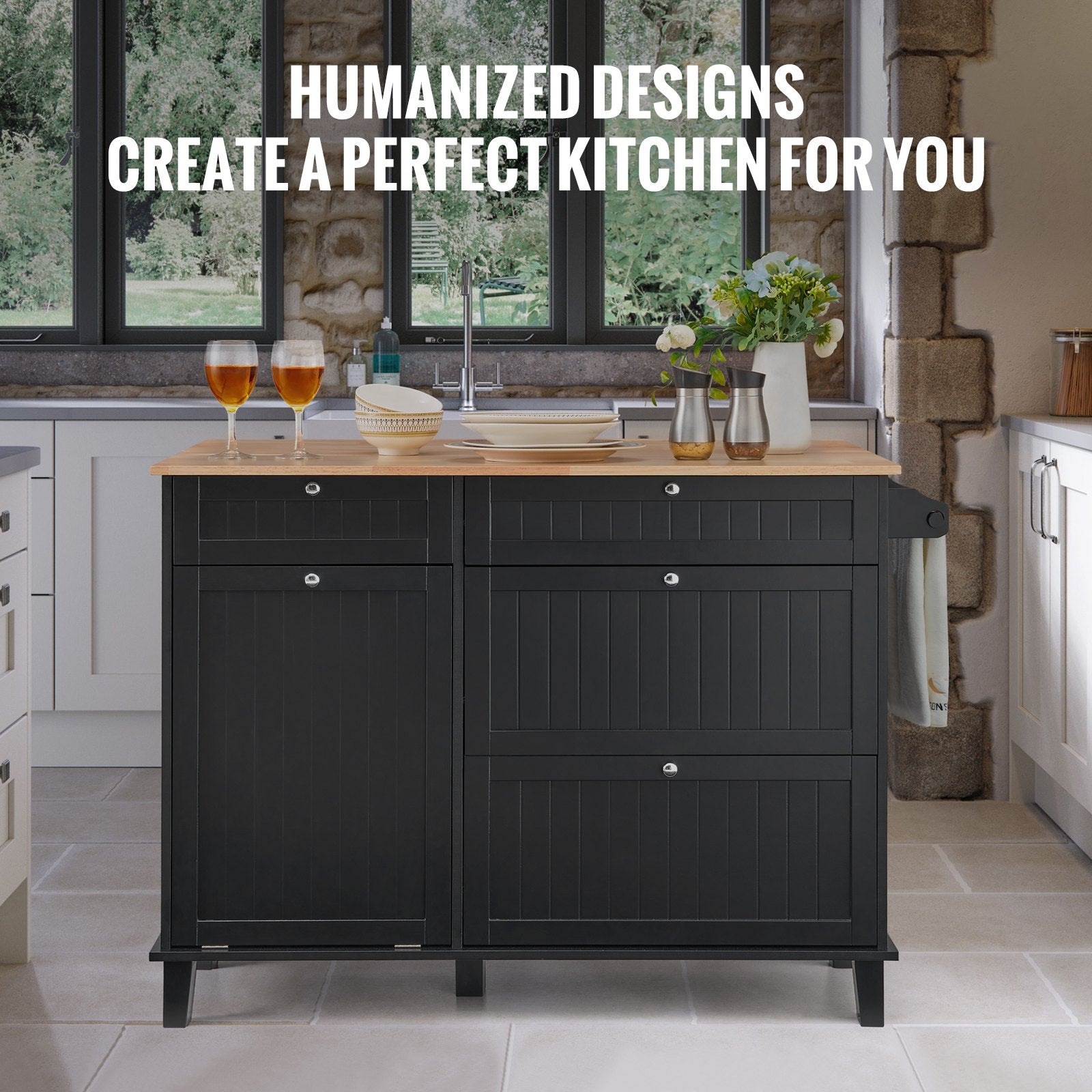 Kitchen Island Cart, 50in Wood Top Breakfast Bar with Trash Cabinet