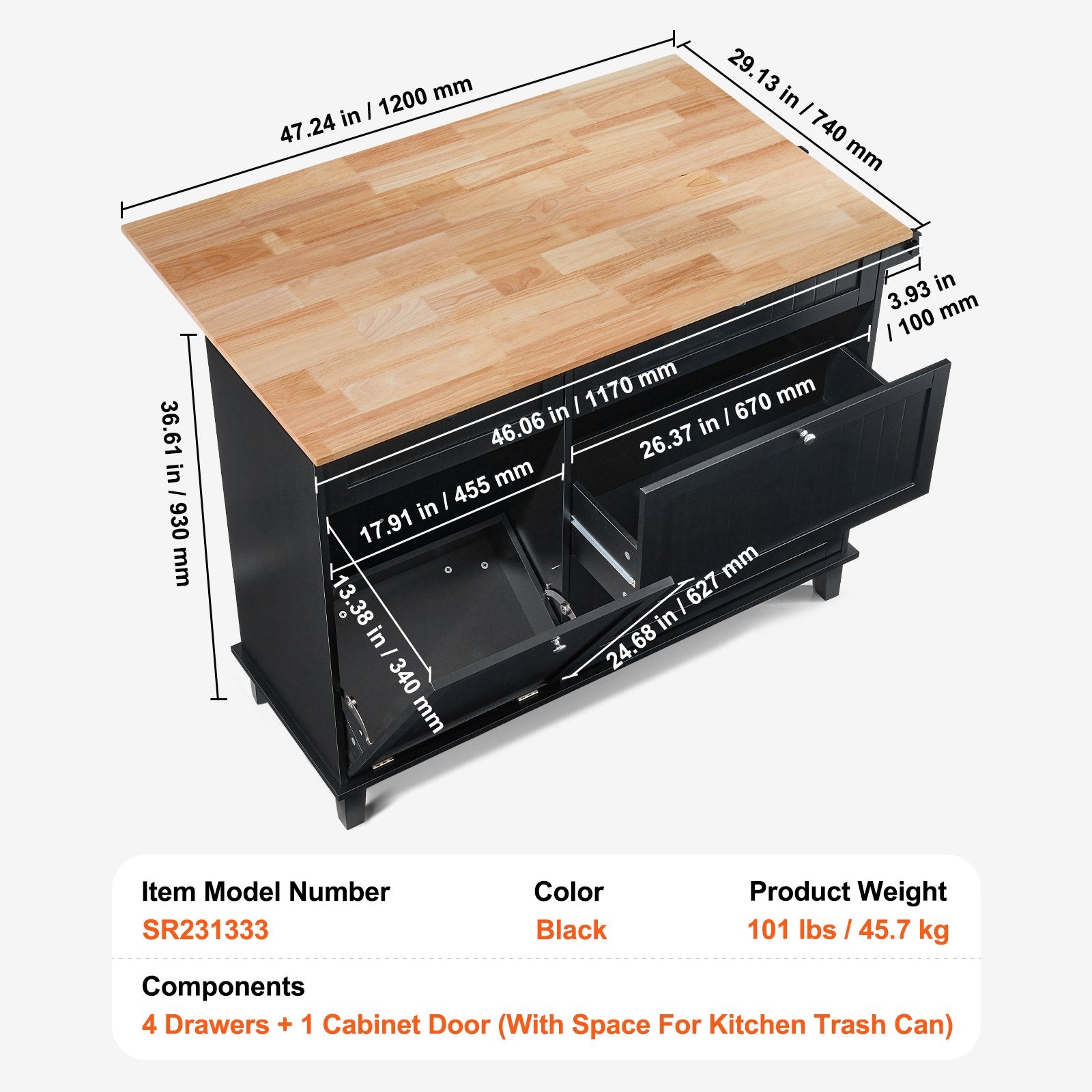 Kitchen Island Cart, 50in Wood Top Breakfast Bar with Trash Cabinet