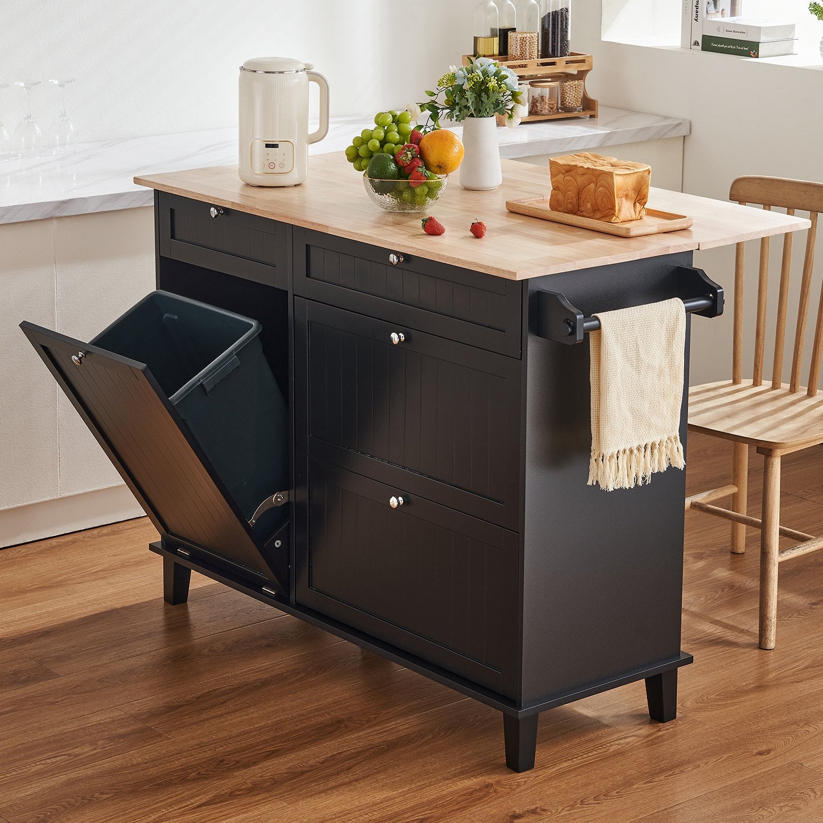 Kitchen Island Cart, 50in Wood Top Breakfast Bar with Trash Cabinet