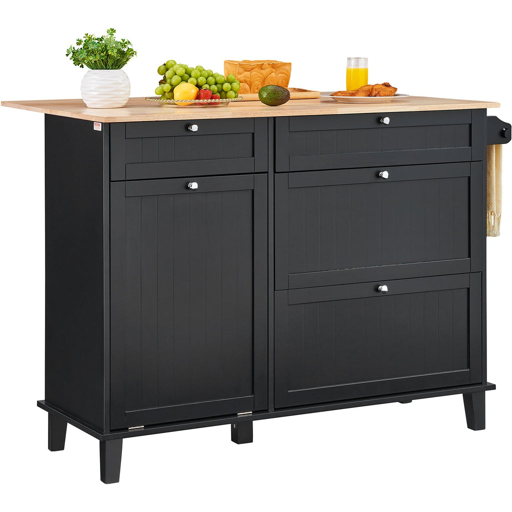 Kitchen Island Cart, 50in Wood Top Breakfast Bar with Trash Cabinet