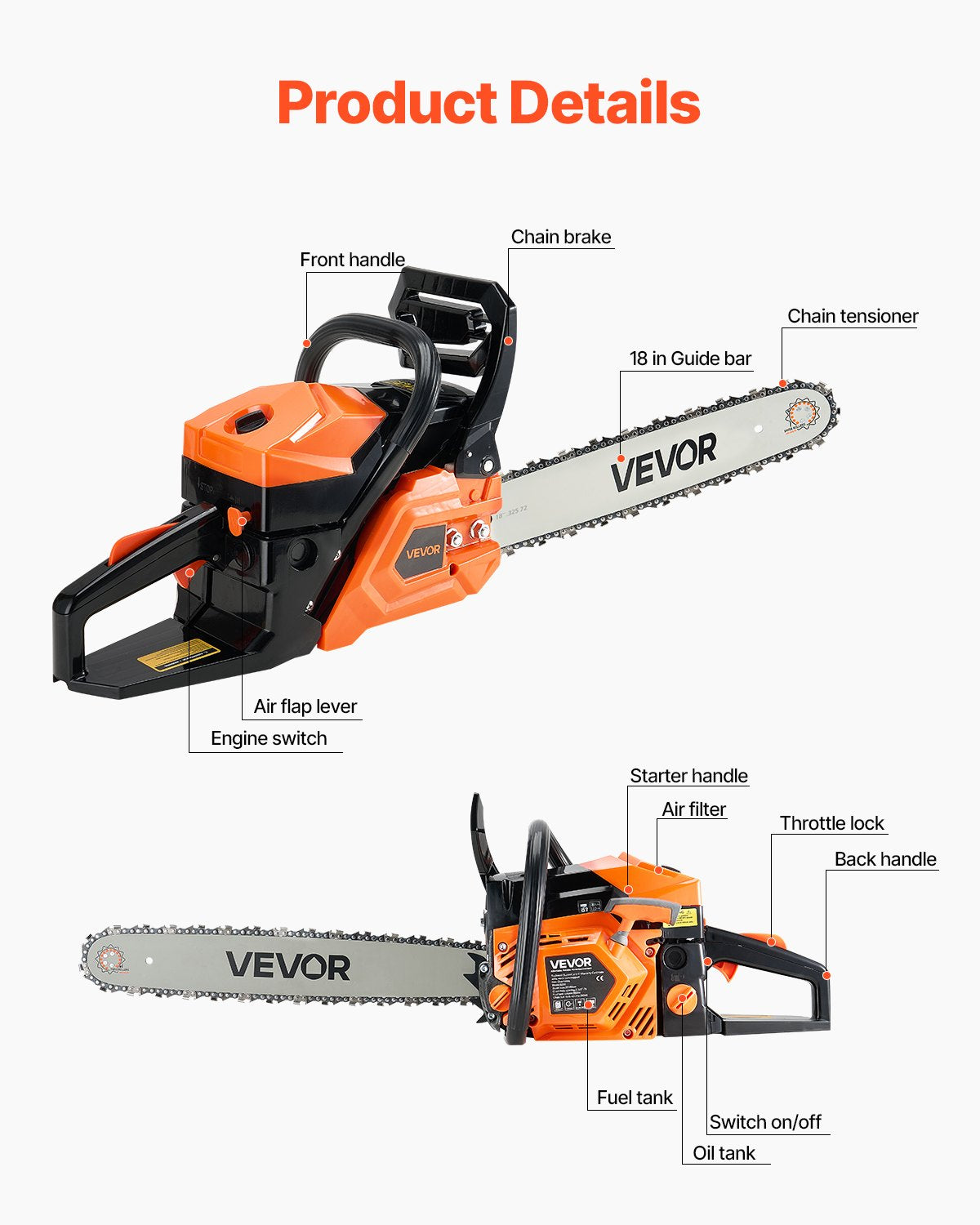 52 cc Gas Chainsaw, 18 inch Gas Powered Chainsaw, 2.4 HP Power Chain