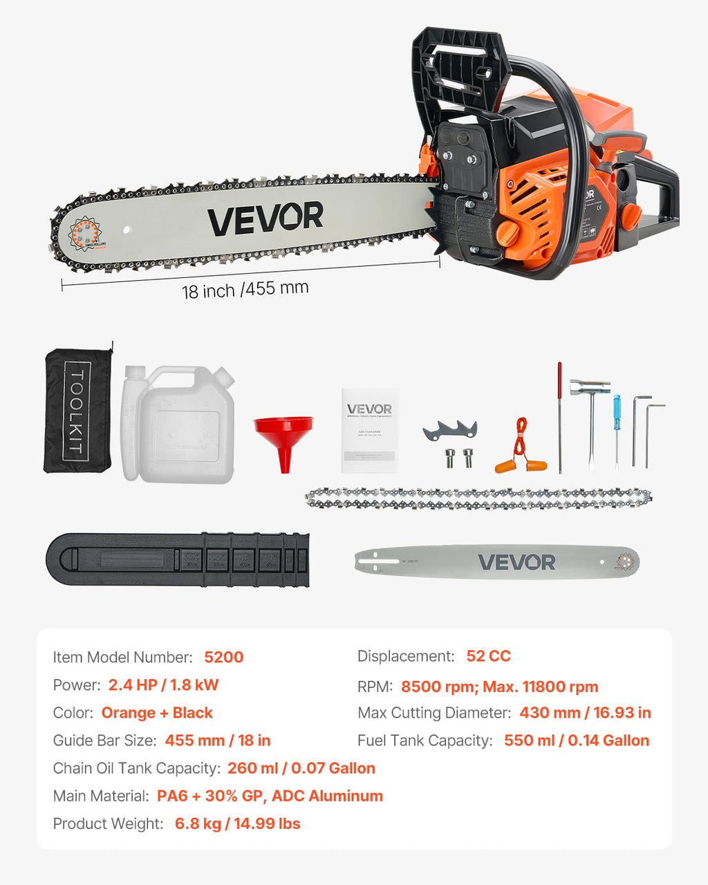 52 cc Gas Chainsaw, 18 inch Gas Powered Chainsaw, 2.4 HP Power Chain