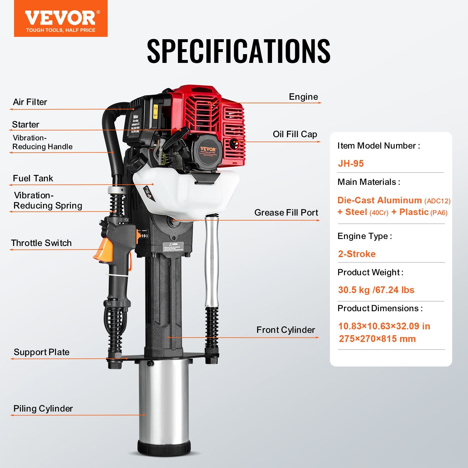 52cc Gas-Powered T Post Driver, 2-Stroke Engine Gasoline Fence Piling