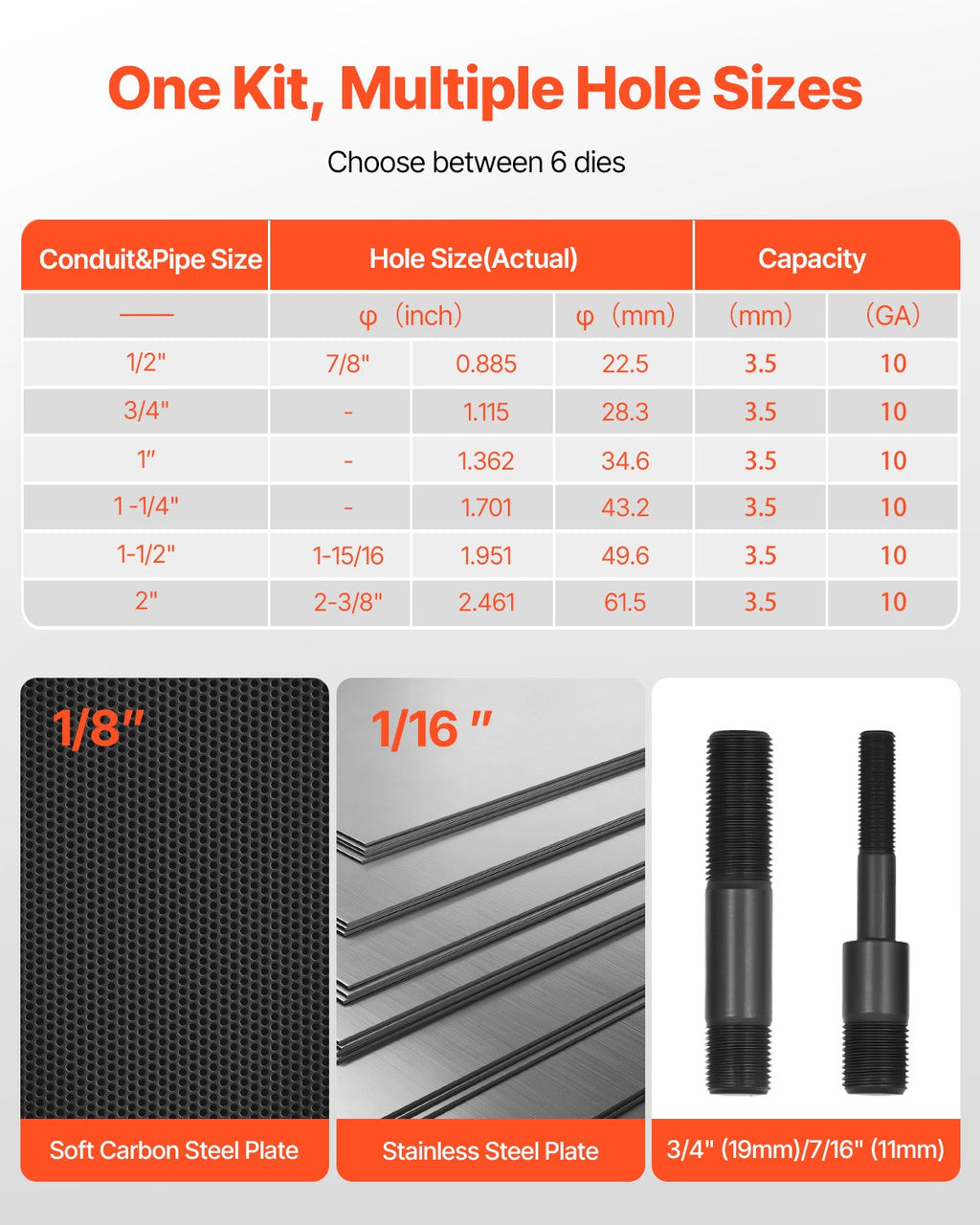 Knockout Punch Set, 98.07 kN Hydraulic Knockout Set, 12.7 to 50.8mm KO