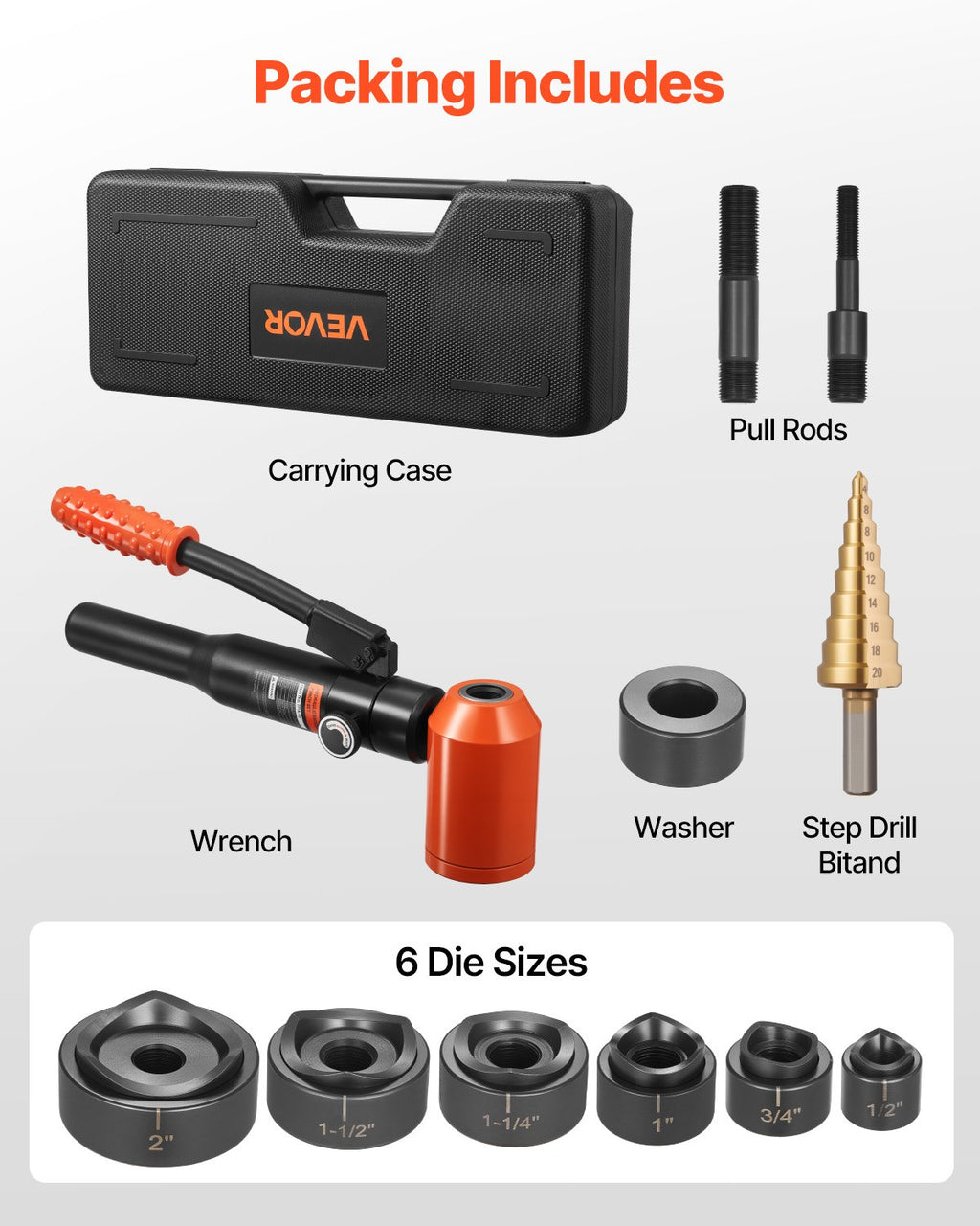 Knockout Punch Set, 98.07 kN Hydraulic Knockout Set, 12.7 to 50.8mm KO