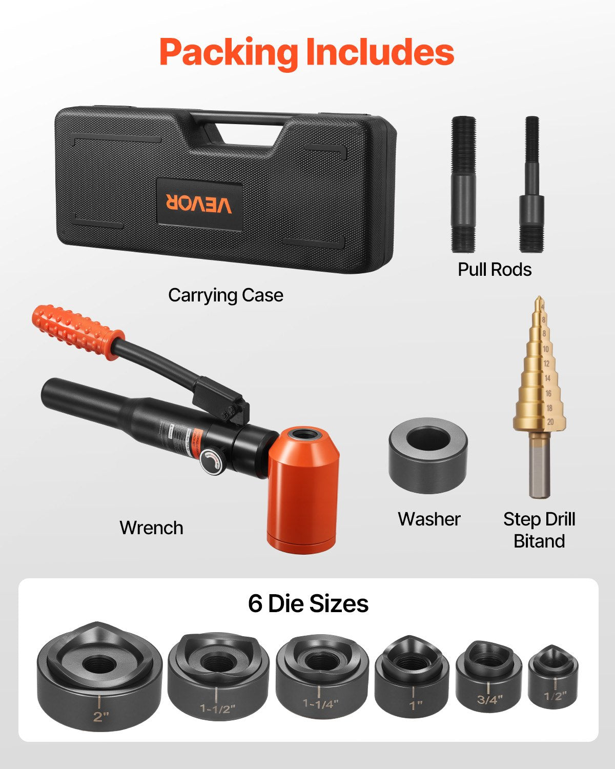Knockout Punch Set, 98.07 kN Hydraulic Knockout Set, 12.7 to 50.8mm KO