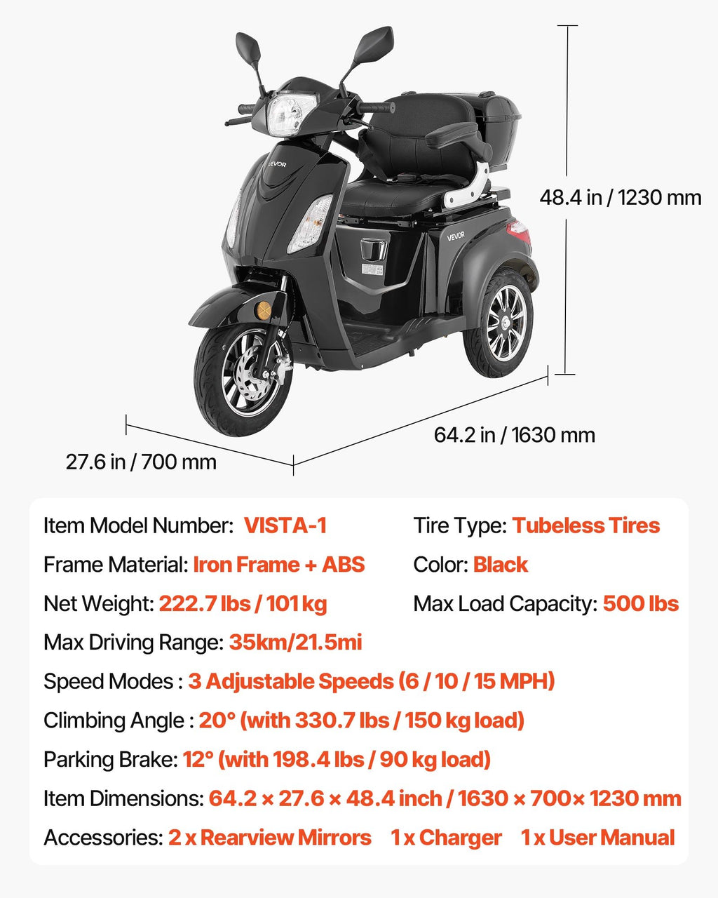 Heavy Duty 3-Wheel Mobility Scooters for Seniors & Adults, 500lbs